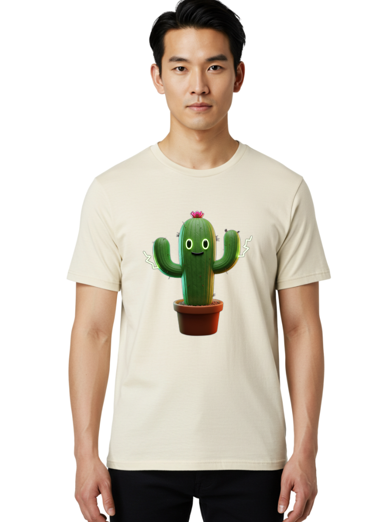 Cactus-6 Men'S Graphic Tee, 100% Cotton, Comfortable Casual Summer Wear, Machine Washable, Cartoon Cactus, Happy Cactus, Cactus Character, Potted Cactus, Desert Plant, Kawaii Cactus, Cactus With Face, Glowing Eyes, Cute Cactus, Funny Cactus Bac728 25