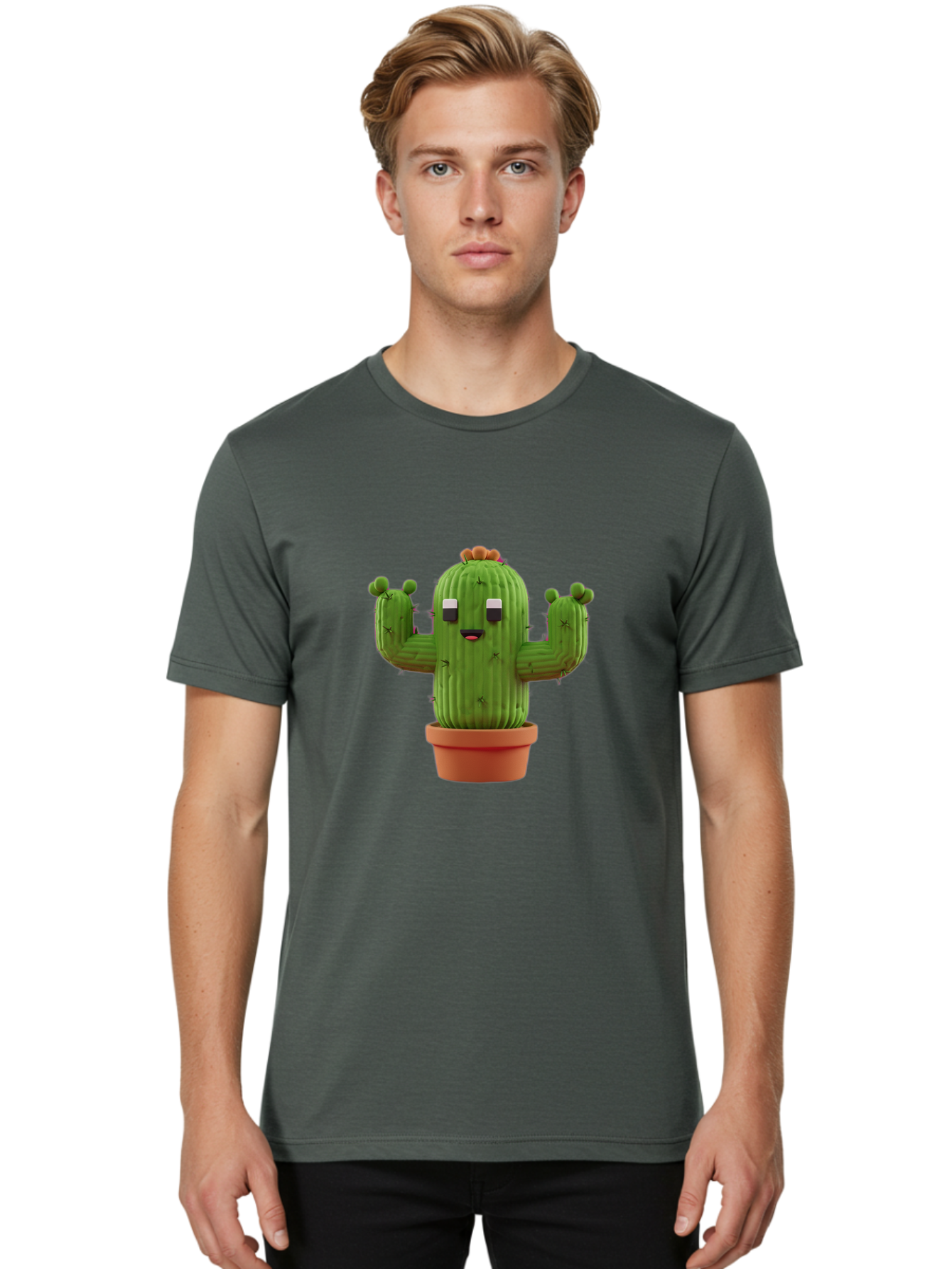 Cactus-Character-1 Men'S Graphic Tee, 100% Cotton, Comfortable Casual Summer Wear, Machine Washable, Cartoon Cactus, Potted Plant, Green Succulent, Anthropomorphic Character, Funny Face, 3D Illustration, Cute Design, Quirky Character, Bac733 19