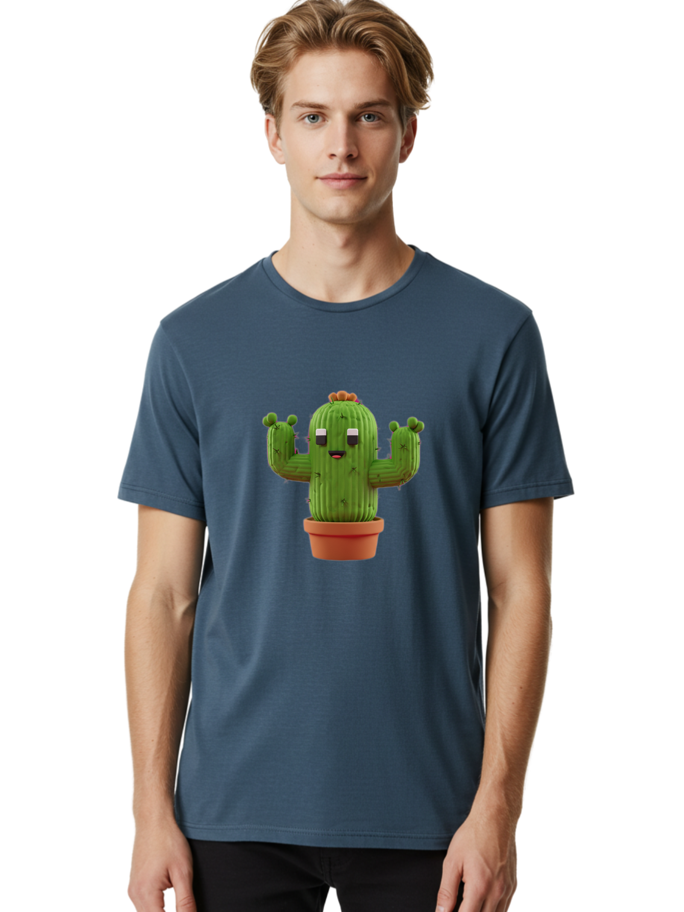 Cactus-Character-1 Men'S Graphic Tee, 100% Cotton, Comfortable Casual Summer Wear, Machine Washable, Cartoon Cactus, Potted Plant, Green Succulent, Anthropomorphic Character, Funny Face, 3D Illustration, Cute Design, Quirky Character, Bac733 22