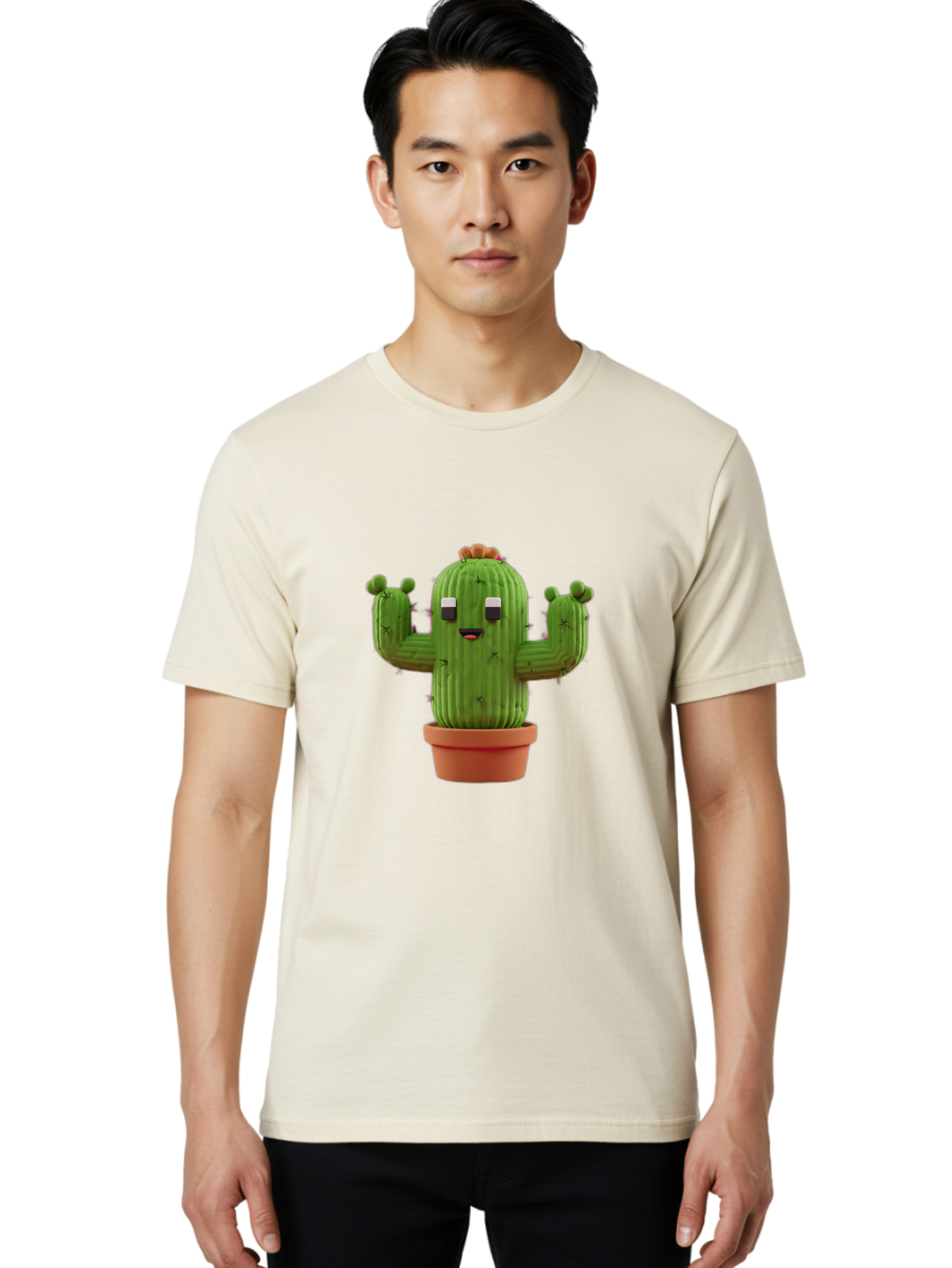 Cactus-Character-1 Men'S Graphic Tee, 100% Cotton, Comfortable Casual Summer Wear, Machine Washable, Cartoon Cactus, Potted Plant, Green Succulent, Anthropomorphic Character, Funny Face, 3D Illustration, Cute Design, Quirky Character, Bac733 23