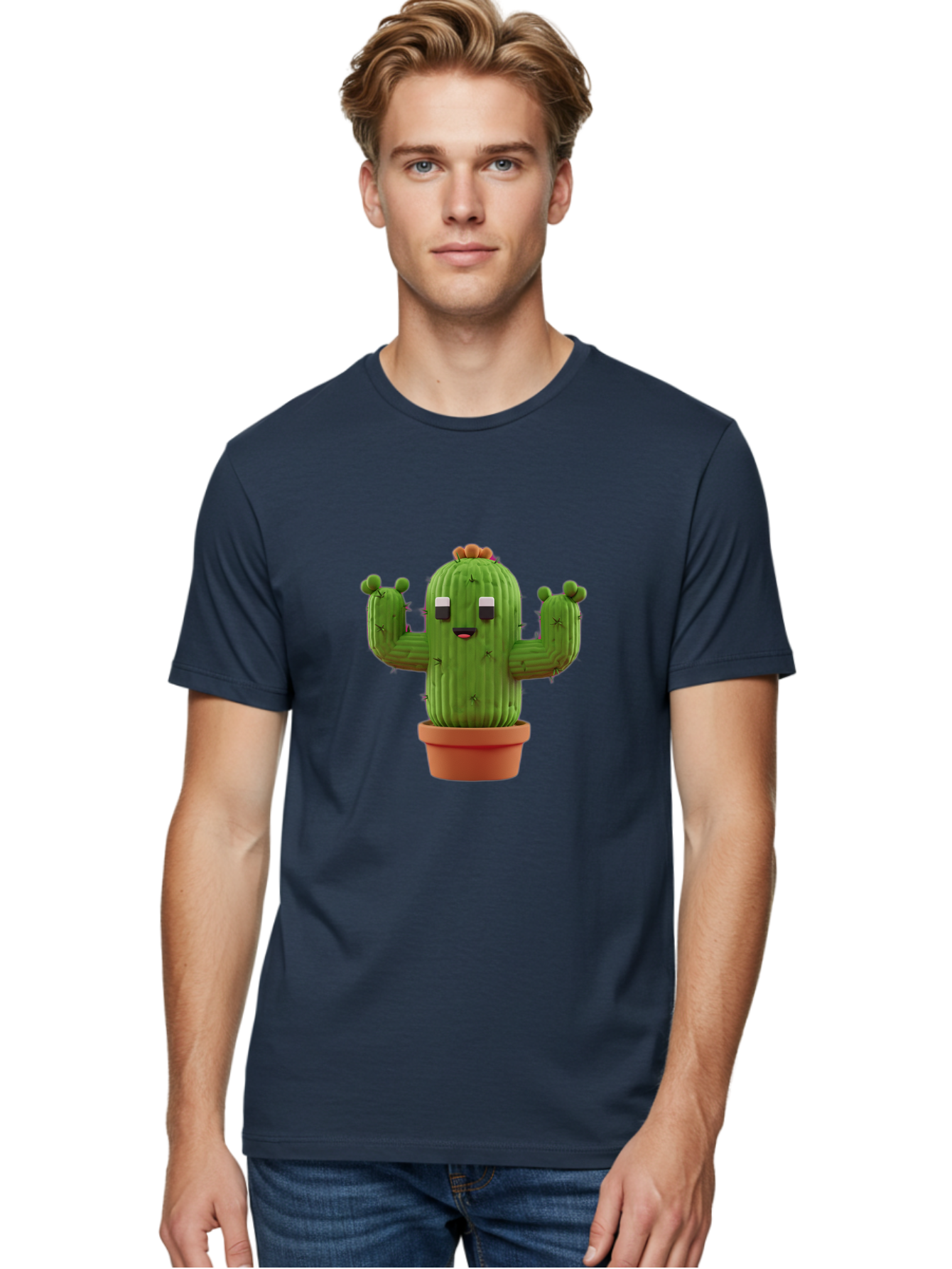 Cactus-Character-1 Men'S Graphic Tee, 100% Cotton, Comfortable Casual Summer Wear, Machine Washable, Cartoon Cactus, Potted Plant, Green Succulent, Anthropomorphic Character, Funny Face, 3D Illustration, Cute Design, Quirky Character, Bac733 24