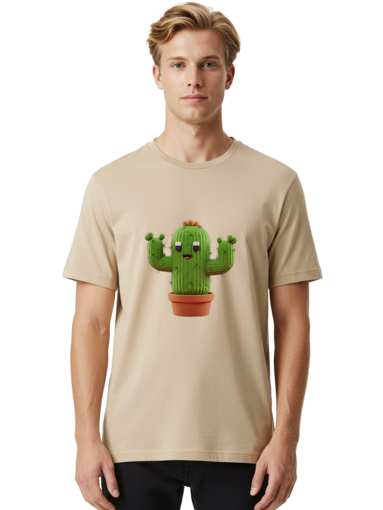 Cactus-Character-1 Men'S Graphic Tee, 100% Cotton, Comfortable Casual Summer Wear, Machine Washable, Cartoon Cactus, Potted Plant, Green Succulent, Anthropomorphic Character, Funny Face, 3D Illustration, Cute Design, Quirky Character, Bac733 28