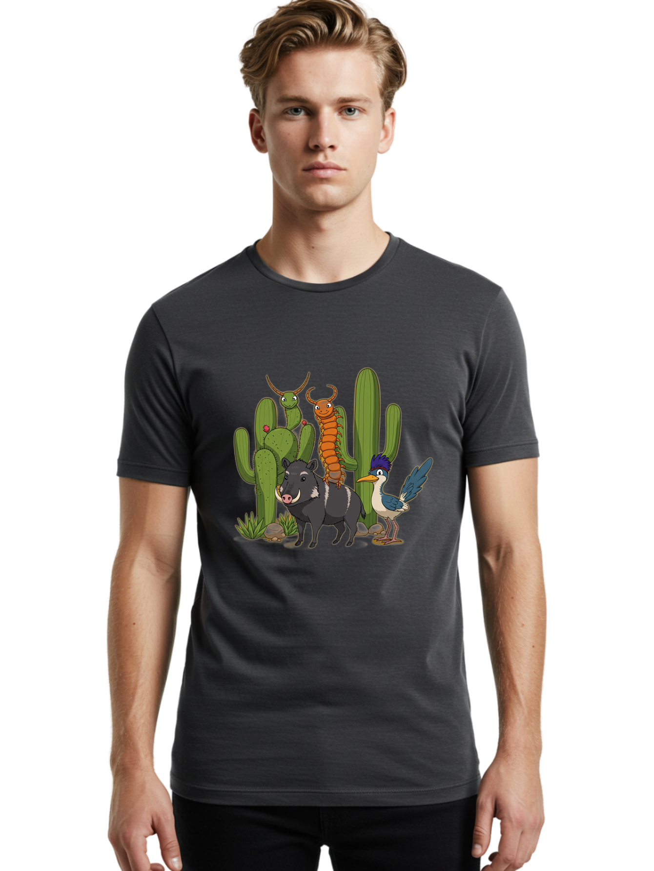 Cactus-Friends Men'S Graphic Tee, 100% Cotton, Comfortable Casual Summer Wear, Machine Washable, Desert Wildlife, Cactus Plants, Cartoon Animals, Pig, Bird, Insects, Funny Creatures, 2D Illustration, Arid Landscape, Vibrant Colors, Bac741 25