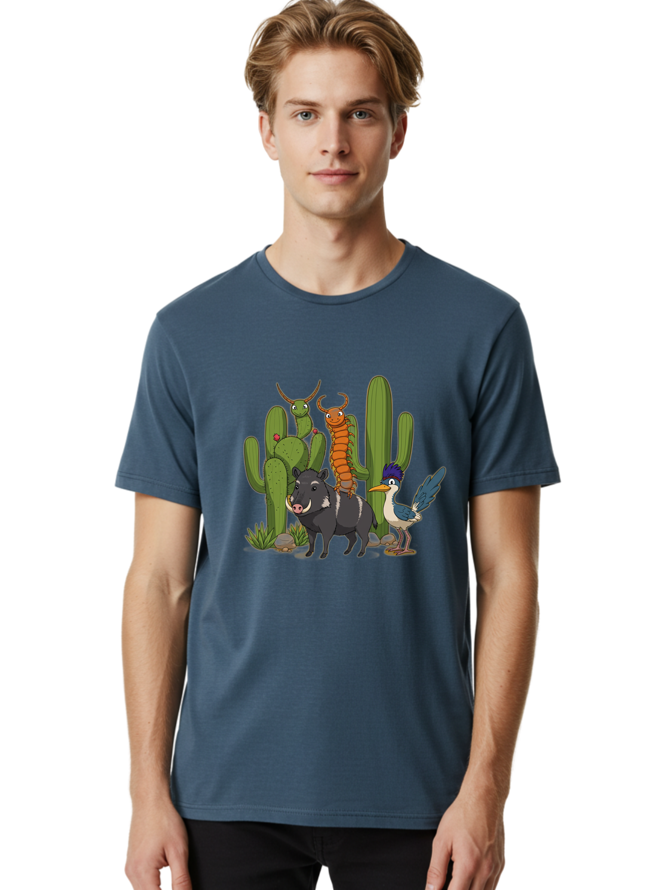 Cactus-Friends Men'S Graphic Tee, 100% Cotton, Comfortable Casual Summer Wear, Machine Washable, Desert Wildlife, Cactus Plants, Cartoon Animals, Pig, Bird, Insects, Funny Creatures, 2D Illustration, Arid Landscape, Vibrant Colors, Bac741 22