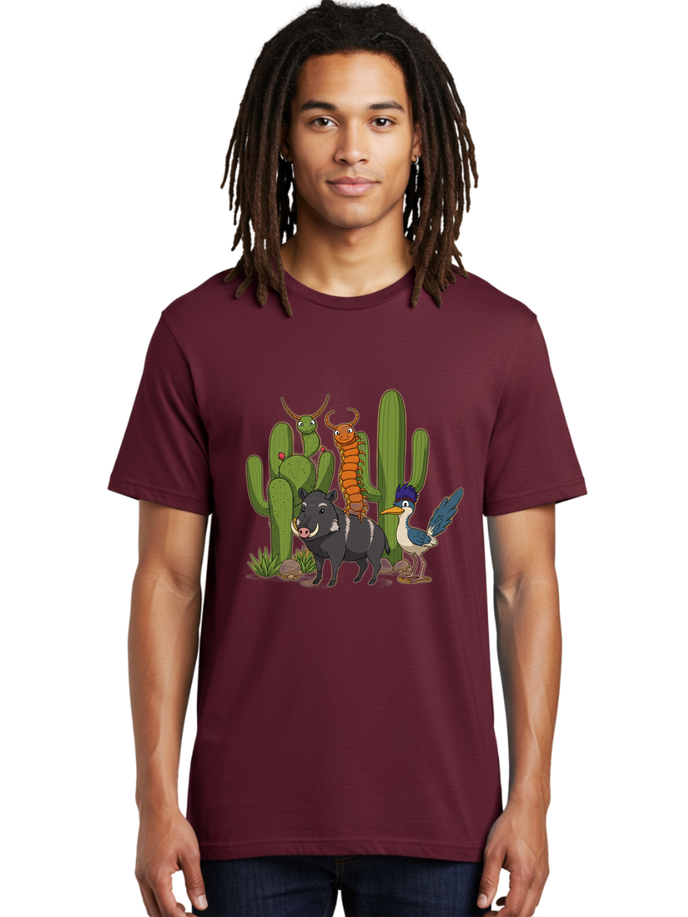 Cactus-Friends Men'S Graphic Tee, 100% Cotton, Comfortable Casual Summer Wear, Machine Washable, Desert Wildlife, Cactus Plants, Cartoon Animals, Pig, Bird, Insects, Funny Creatures, 2D Illustration, Arid Landscape, Vibrant Colors, Bac741 21