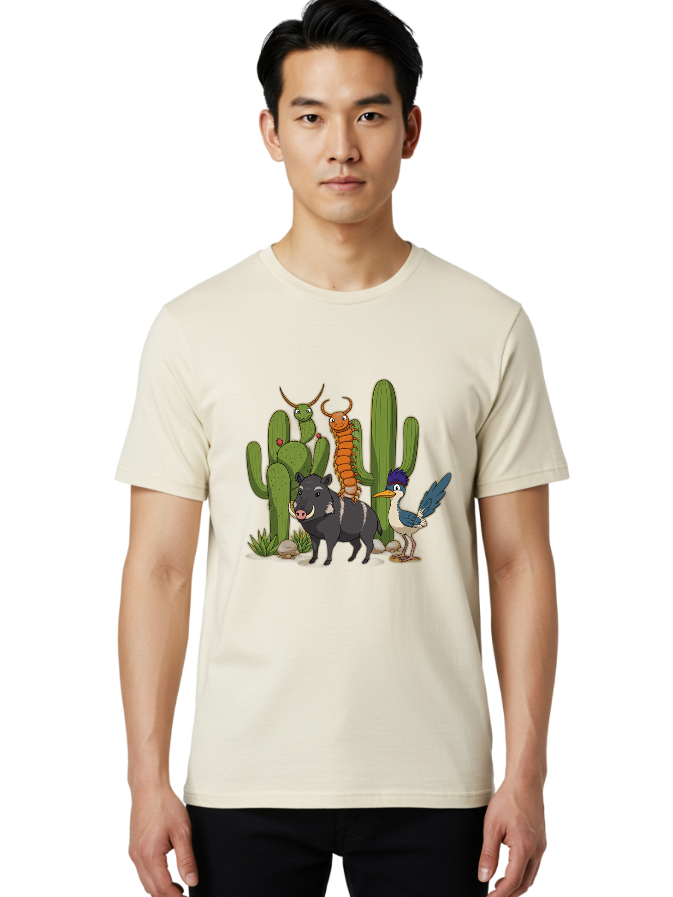 Cactus-Friends Men'S Graphic Tee, 100% Cotton, Comfortable Casual Summer Wear, Machine Washable, Desert Wildlife, Cactus Plants, Cartoon Animals, Pig, Bird, Insects, Funny Creatures, 2D Illustration, Arid Landscape, Vibrant Colors, Bac741 30