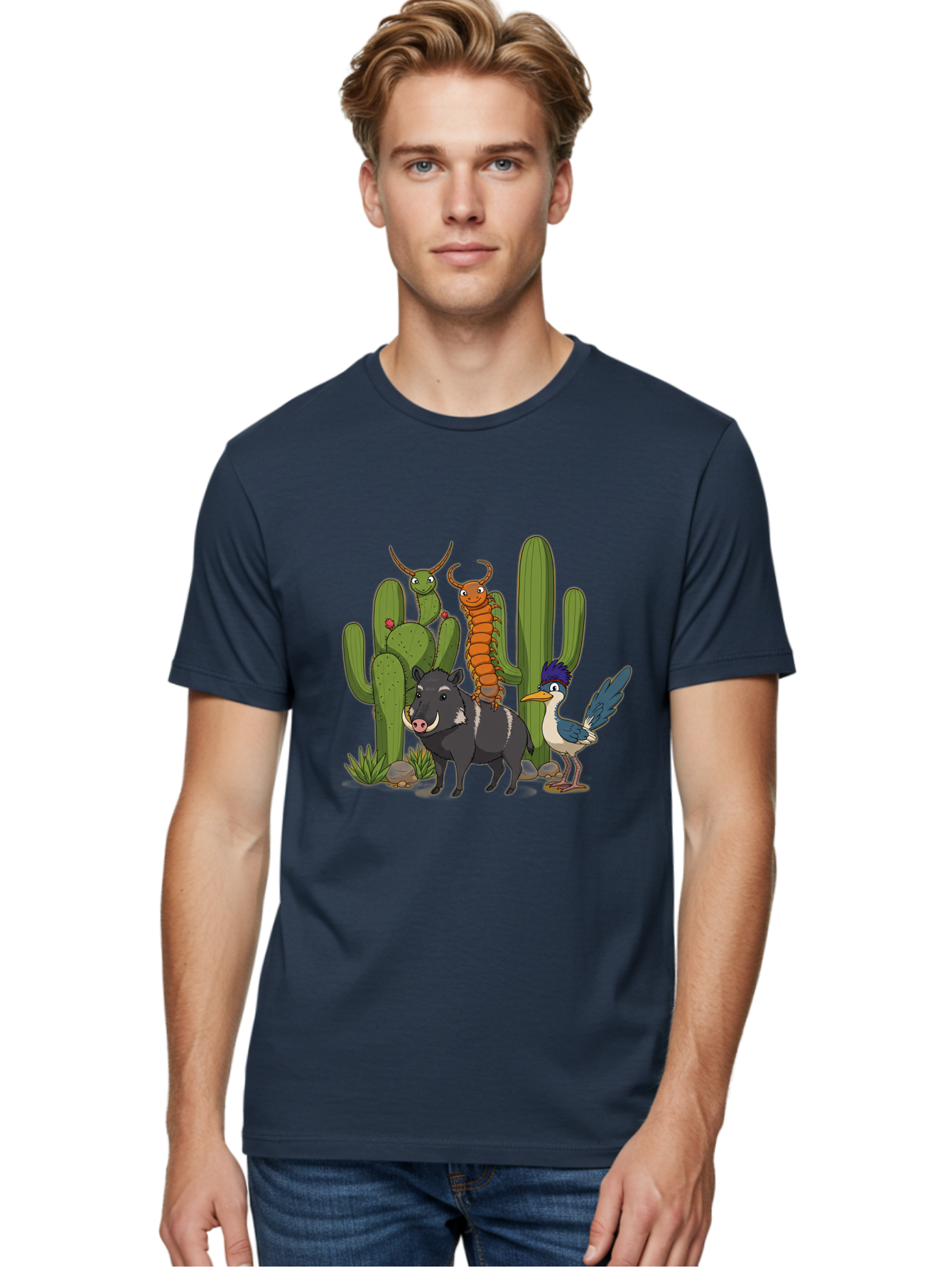 Cactus-Friends Men'S Graphic Tee, 100% Cotton, Comfortable Casual Summer Wear, Machine Washable, Desert Wildlife, Cactus Plants, Cartoon Animals, Pig, Bird, Insects, Funny Creatures, 2D Illustration, Arid Landscape, Vibrant Colors, Bac741 29