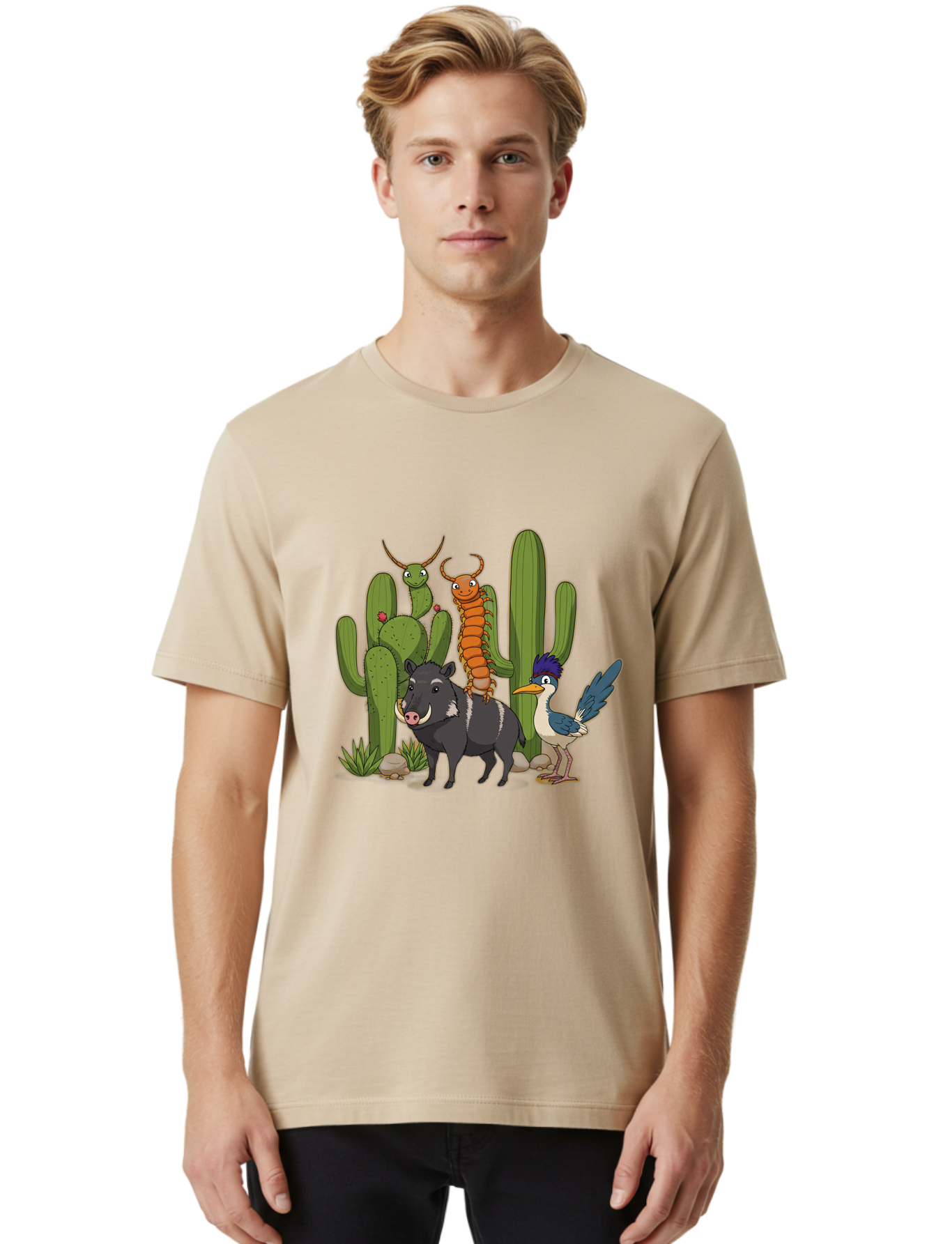 Cactus-Friends Men'S Graphic Tee, 100% Cotton, Comfortable Casual Summer Wear, Machine Washable, Desert Wildlife, Cactus Plants, Cartoon Animals, Pig, Bird, Insects, Funny Creatures, 2D Illustration, Arid Landscape, Vibrant Colors, Bac741 16