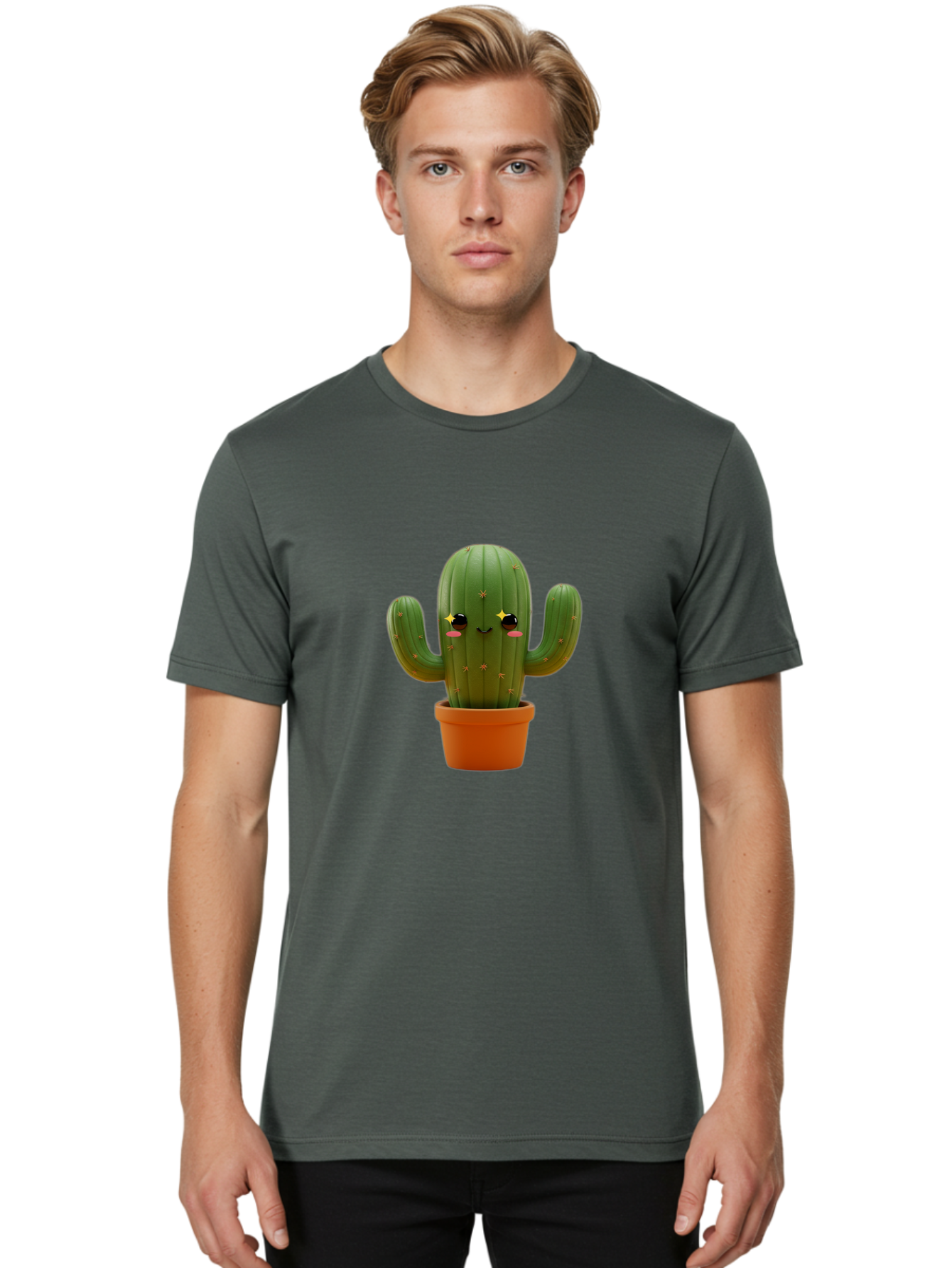 Cactus-In-Pot-2 Men'S Graphic Tee, 100% Cotton, Comfortable Casual Summer Wear, Machine Washable, Cartoon Cactus, Kawaii Cactus, Cactus In Pot, Cute Desert Plant, Funny Face, Quirky Character, Yellow Stars, Rosy Cheeks, Digital Art, Fun Design Bac745 27
