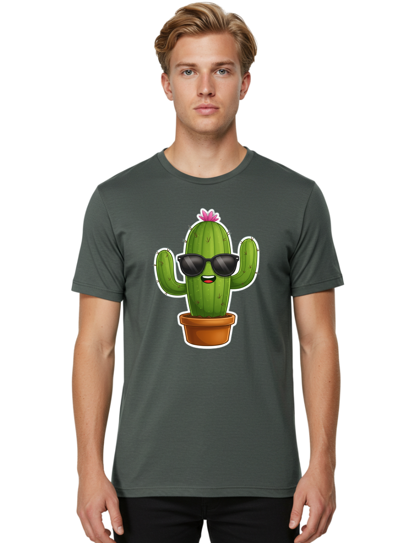 Cactus-In-Sunglasses Men'S Graphic Tee, 100% Cotton, Comfortable Casual Summer Wear, Machine Washable, Cartoon Cactus, Sunglasses, Cool Cactus, Potted Plant, Desert Humor, Fun Character, Quirky Illustration, Cactus Love, Trendy Graphics Bac752 18