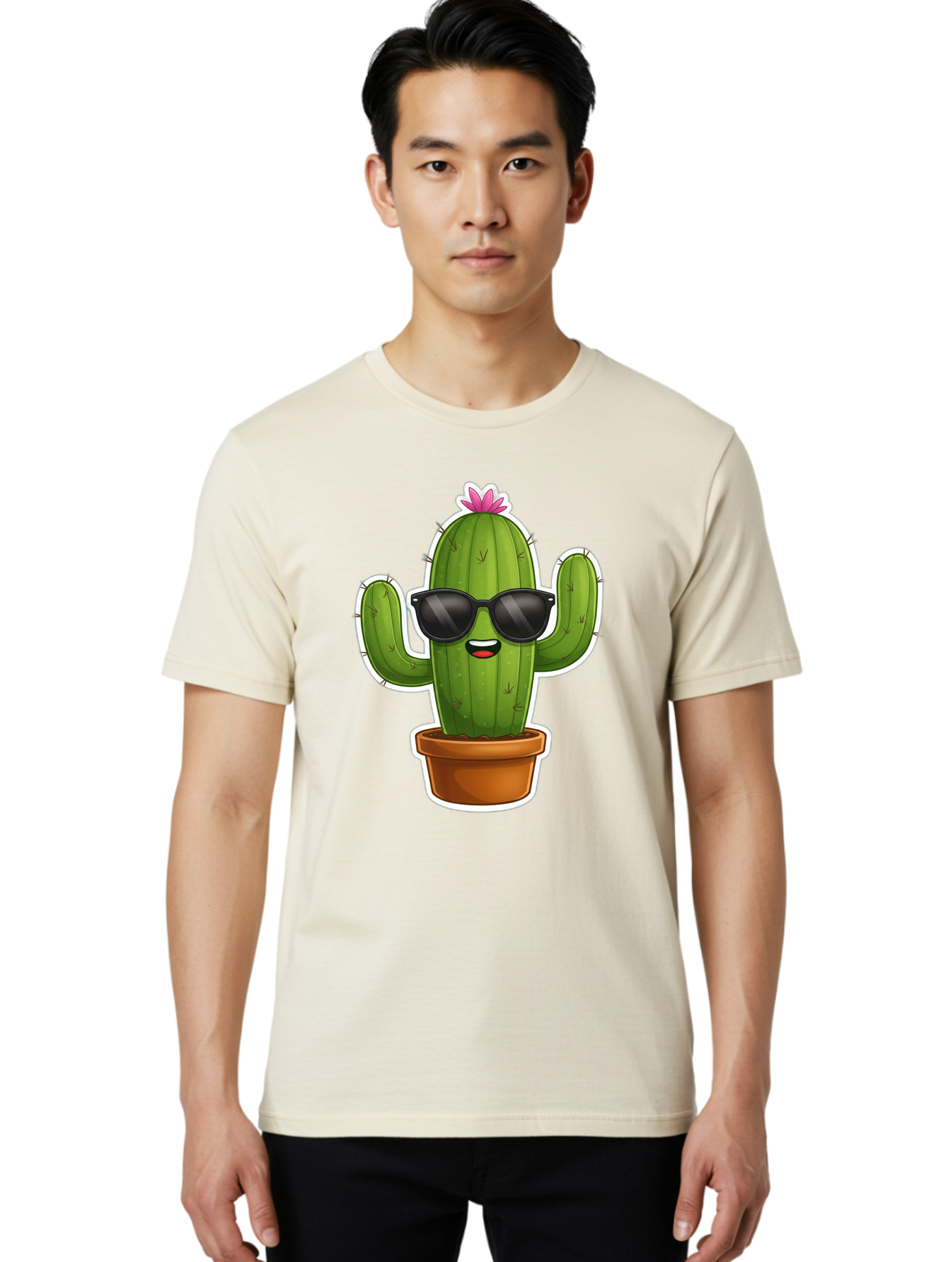 Cactus-In-Sunglasses Men'S Graphic Tee, 100% Cotton, Comfortable Casual Summer Wear, Machine Washable, Cartoon Cactus, Sunglasses, Cool Cactus, Potted Plant, Desert Humor, Fun Character, Quirky Illustration, Cactus Love, Trendy Graphics Bac752 24