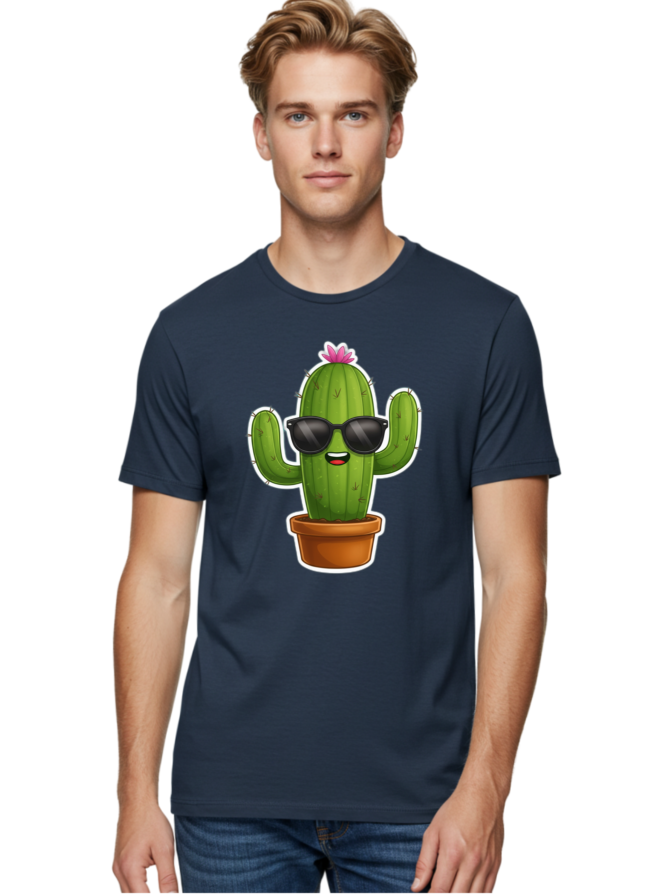 Cactus-In-Sunglasses Men'S Graphic Tee, 100% Cotton, Comfortable Casual Summer Wear, Machine Washable, Cartoon Cactus, Sunglasses, Cool Cactus, Potted Plant, Desert Humor, Fun Character, Quirky Illustration, Cactus Love, Trendy Graphics Bac752 30