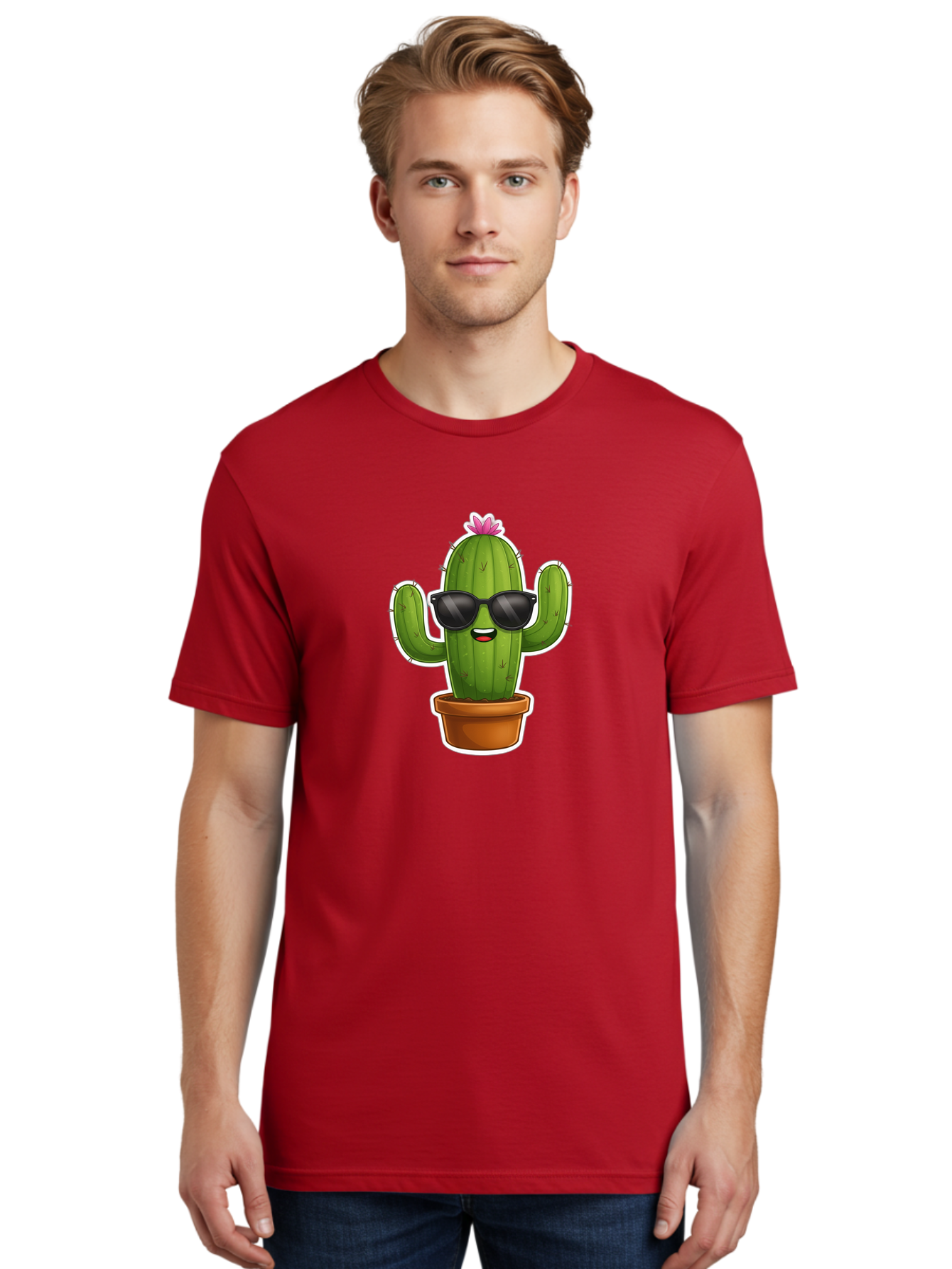 Cactus-In-Sunglasses Men'S Graphic Tee, 100% Cotton, Comfortable Casual Summer Wear, Machine Washable, Cartoon Cactus, Sunglasses, Cool Cactus, Potted Plant, Desert Humor, Fun Character, Quirky Illustration, Cactus Love, Trendy Graphics Bac752 26