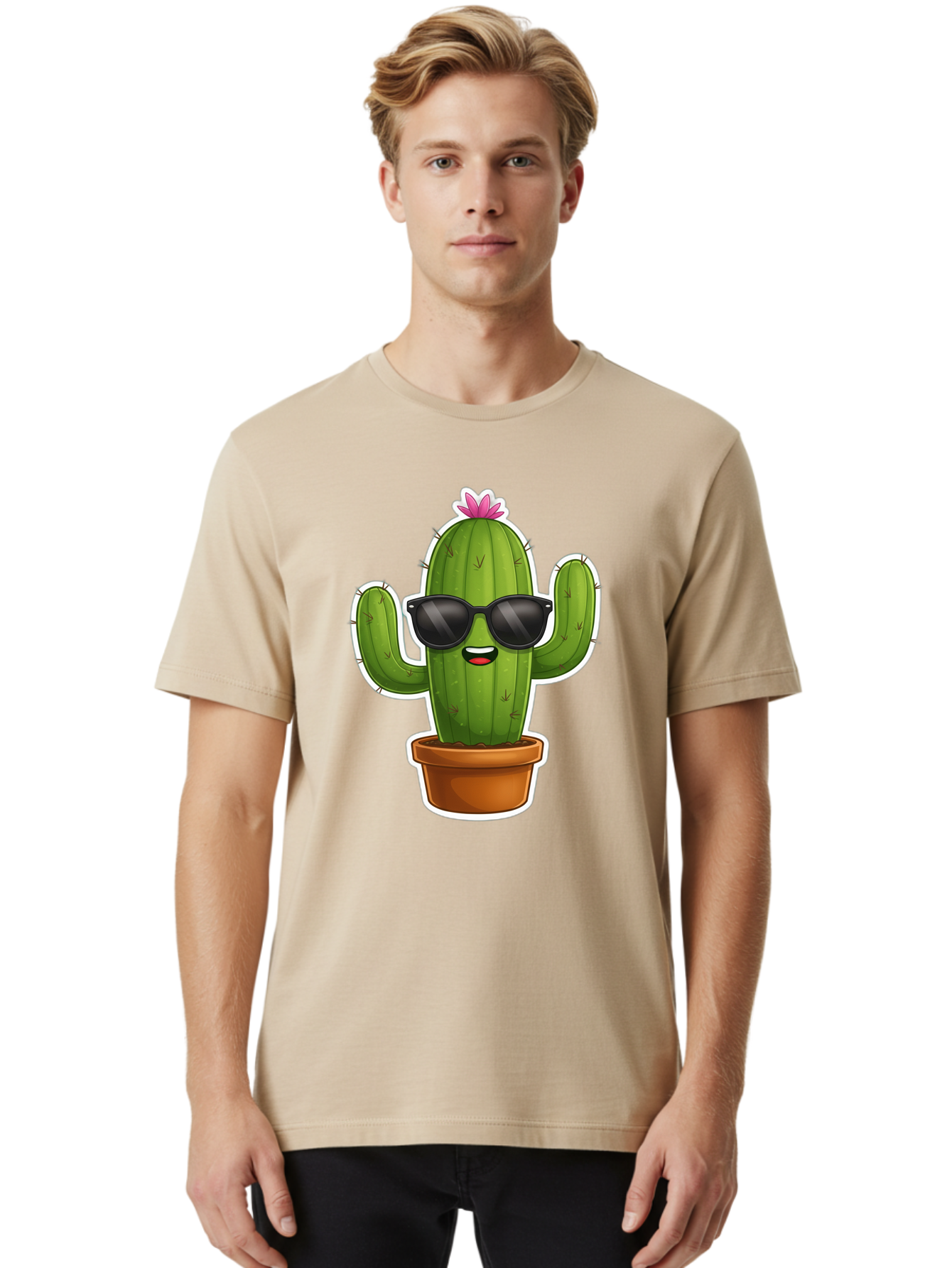 Cactus-In-Sunglasses Men'S Graphic Tee, 100% Cotton, Comfortable Casual Summer Wear, Machine Washable, Cartoon Cactus, Sunglasses, Cool Cactus, Potted Plant, Desert Humor, Fun Character, Quirky Illustration, Cactus Love, Trendy Graphics Bac752 17
