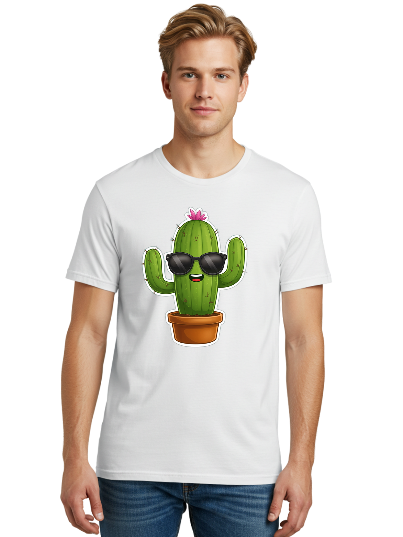 Cactus-In-Sunglasses Men'S Graphic Tee, 100% Cotton, Comfortable Casual Summer Wear, Machine Washable, Cartoon Cactus, Sunglasses, Cool Cactus, Potted Plant, Desert Humor, Fun Character, Quirky Illustration, Cactus Love, Trendy Graphics Bac752 22