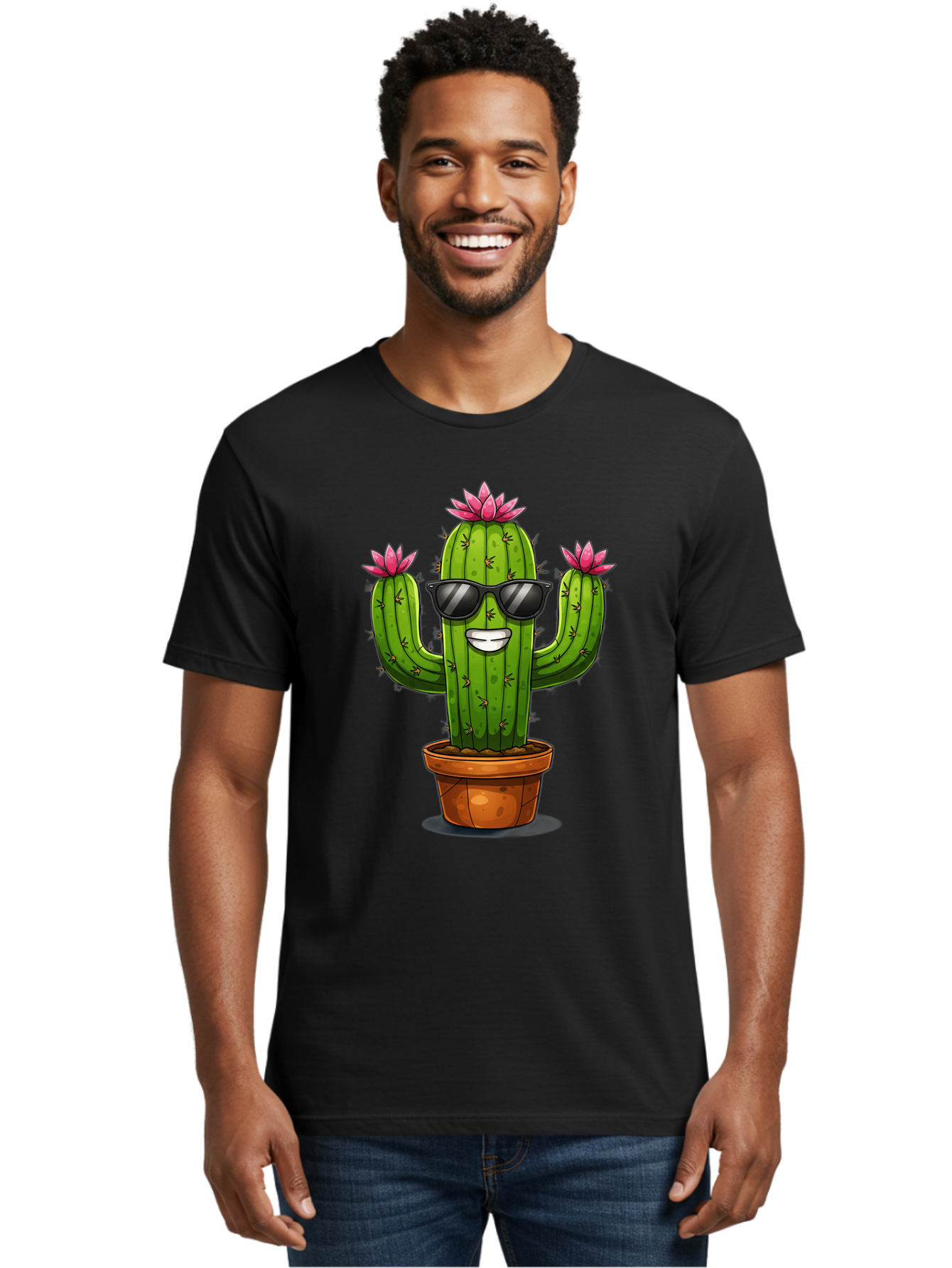 Cactus-Sunglasses-1 Men'S Graphic Tee, 100% Cotton, Comfortable Casual Summer Wear, Machine Washable, Funny Cactus, Sunglasses, Cartoon Style, Pink Flowers, Terracotta Pot, Smiling Face, Quirky Character, Houseplant Decor, Desert Vibes, Bac754 22