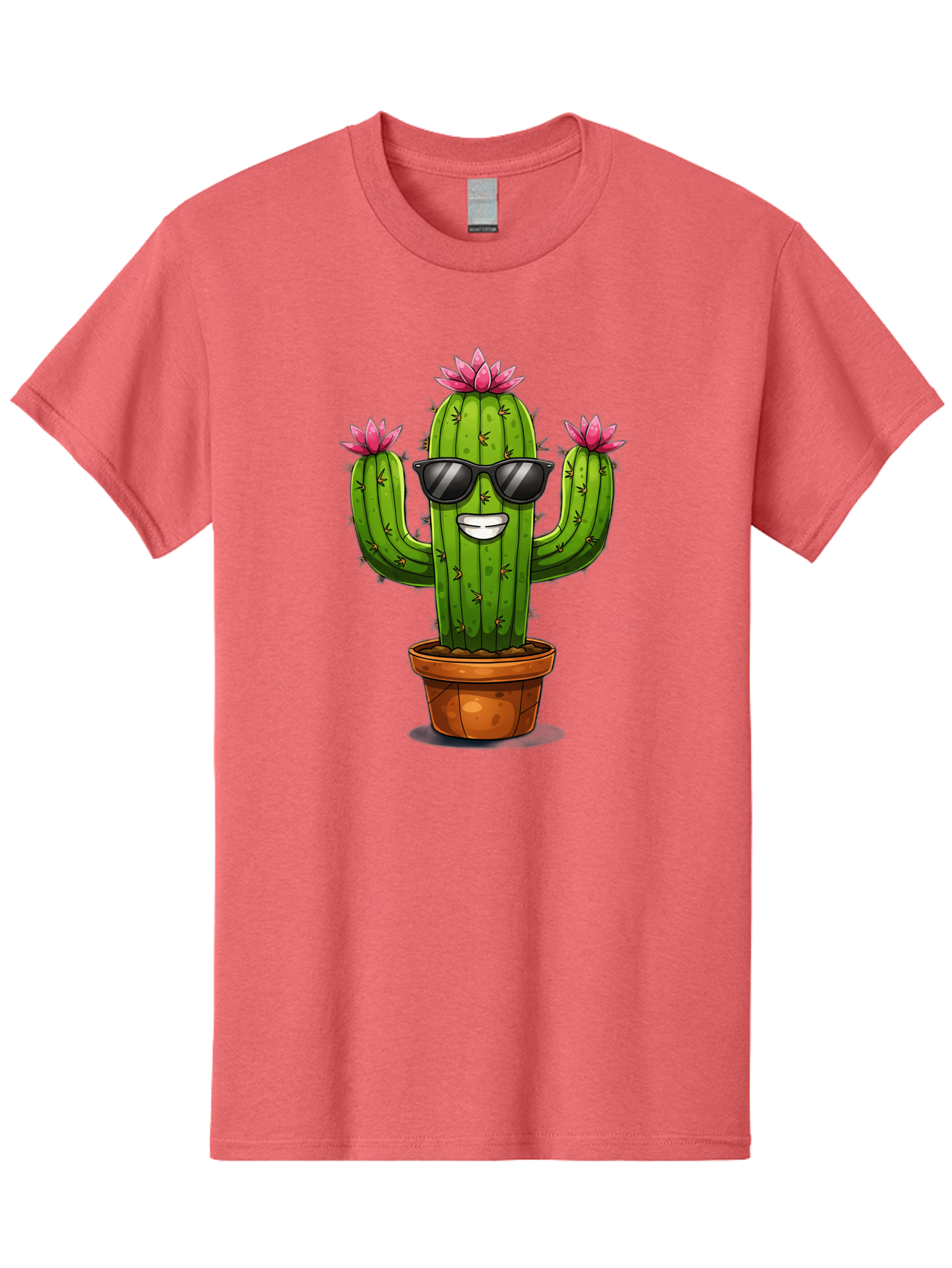 Cactus-Sunglasses-1 Men'S Graphic Tee, 100% Cotton, Comfortable Casual Summer Wear, Machine Washable, Funny Cactus, Sunglasses, Cartoon Style, Pink Flowers, Terracotta Pot, Smiling Face, Quirky Character, Houseplant Decor, Desert Vibes, Bac754 4