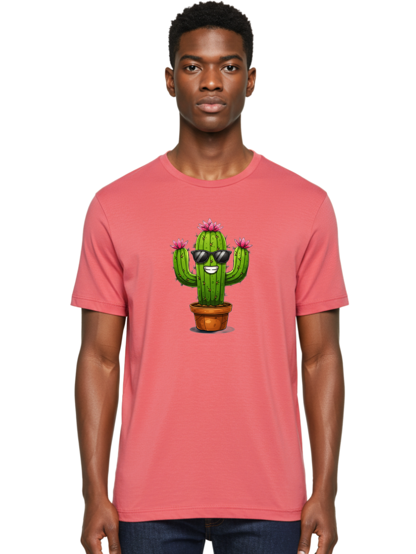 Cactus-Sunglasses-1 Men'S Graphic Tee, 100% Cotton, Comfortable Casual Summer Wear, Machine Washable, Funny Cactus, Sunglasses, Cartoon Style, Pink Flowers, Terracotta Pot, Smiling Face, Quirky Character, Houseplant Decor, Desert Vibes, Bac754 19
