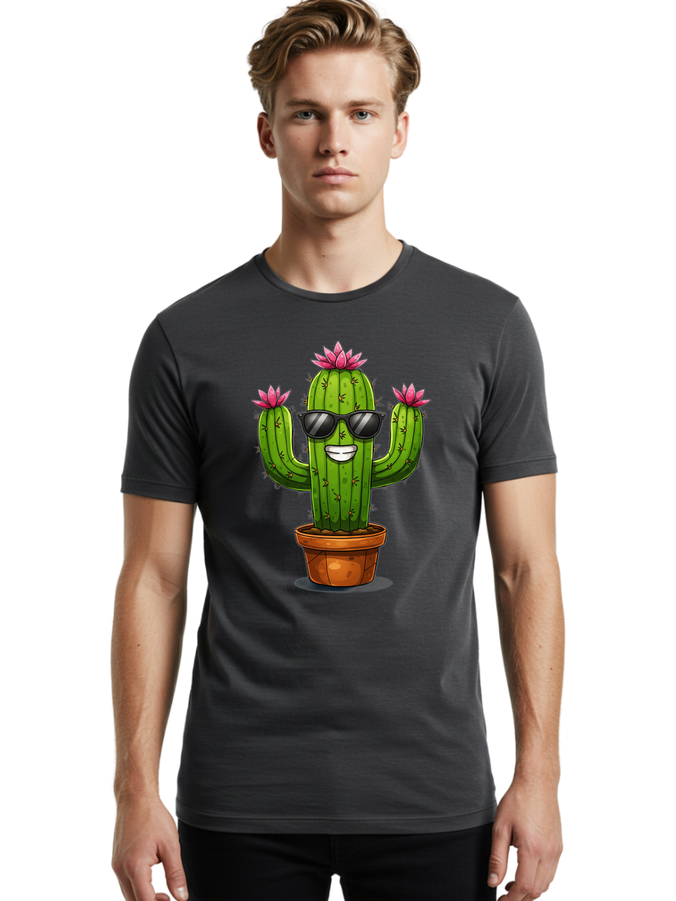 Cactus-Sunglasses-1 Men'S Graphic Tee, 100% Cotton, Comfortable Casual Summer Wear, Machine Washable, Funny Cactus, Sunglasses, Cartoon Style, Pink Flowers, Terracotta Pot, Smiling Face, Quirky Character, Houseplant Decor, Desert Vibes, Bac754 16