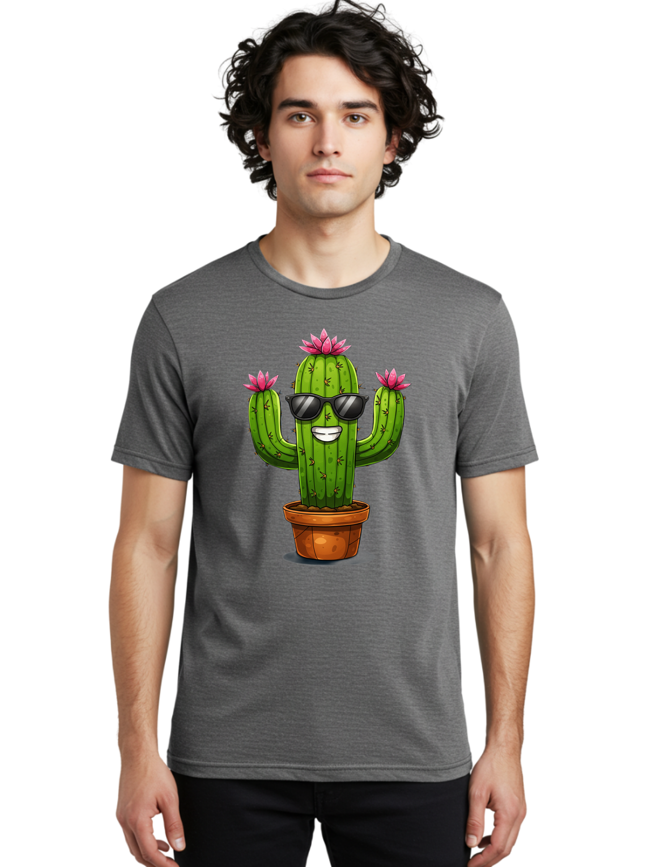 Cactus-Sunglasses-1 Men'S Graphic Tee, 100% Cotton, Comfortable Casual Summer Wear, Machine Washable, Funny Cactus, Sunglasses, Cartoon Style, Pink Flowers, Terracotta Pot, Smiling Face, Quirky Character, Houseplant Decor, Desert Vibes, Bac754 27