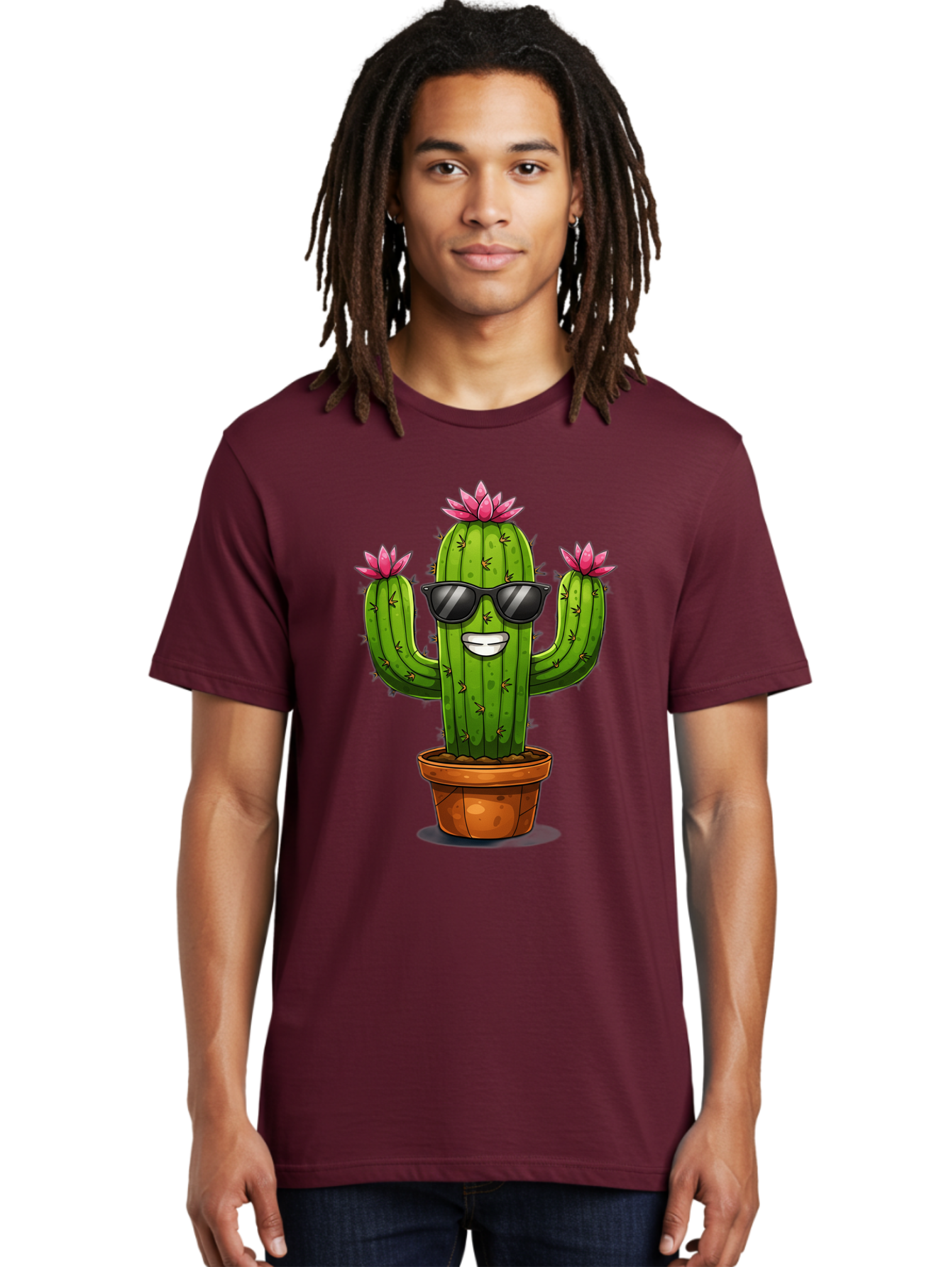 Cactus-Sunglasses-1 Men'S Graphic Tee, 100% Cotton, Comfortable Casual Summer Wear, Machine Washable, Funny Cactus, Sunglasses, Cartoon Style, Pink Flowers, Terracotta Pot, Smiling Face, Quirky Character, Houseplant Decor, Desert Vibes, Bac754 17