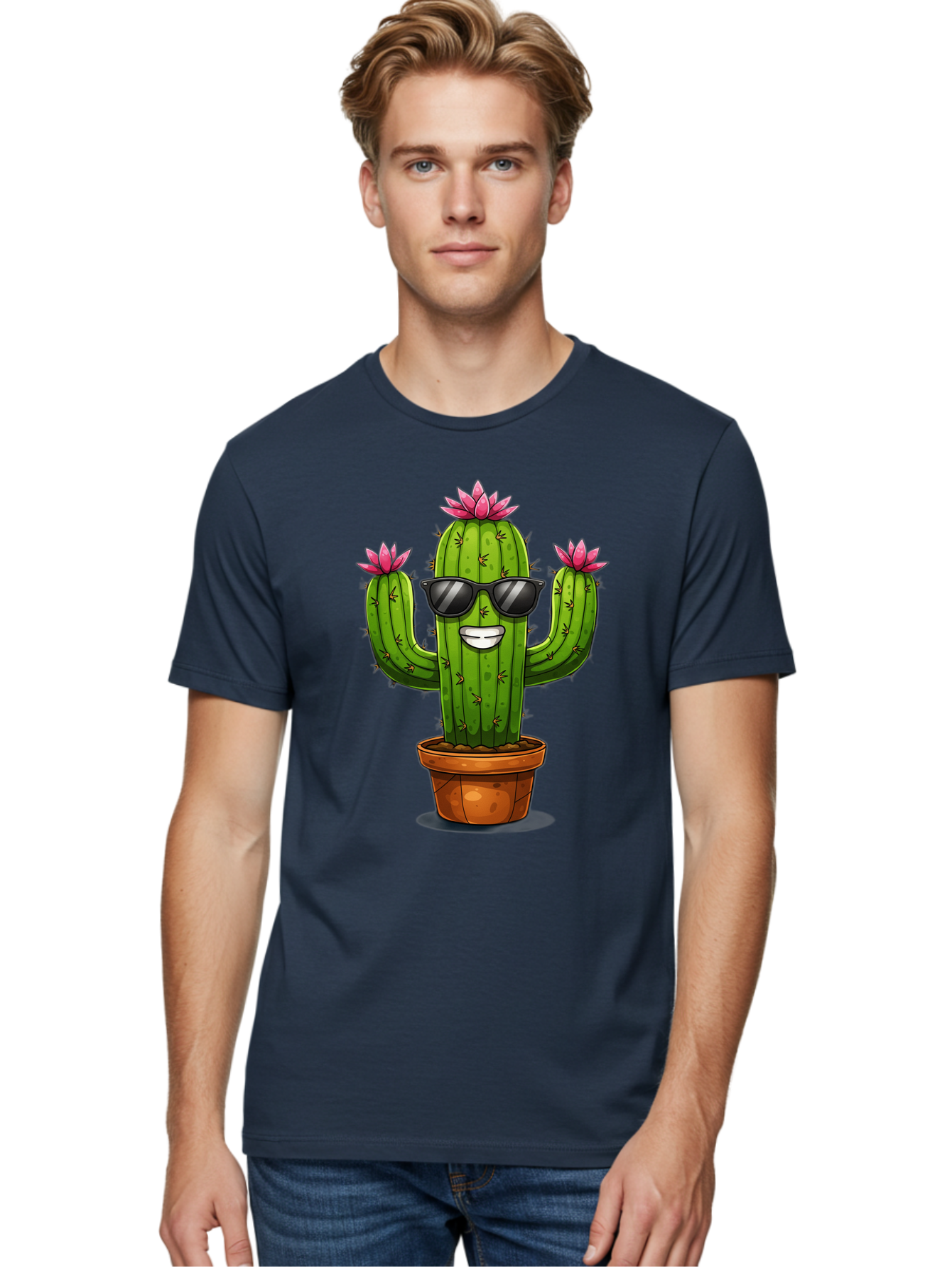 Cactus-Sunglasses-1 Men'S Graphic Tee, 100% Cotton, Comfortable Casual Summer Wear, Machine Washable, Funny Cactus, Sunglasses, Cartoon Style, Pink Flowers, Terracotta Pot, Smiling Face, Quirky Character, Houseplant Decor, Desert Vibes, Bac754 29