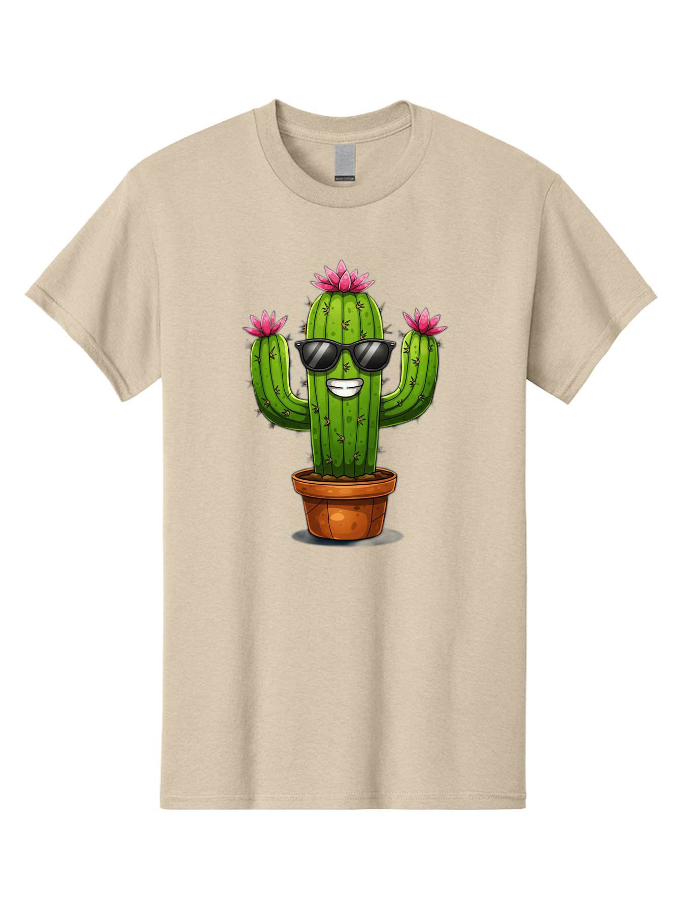 Cactus-Sunglasses-1 Men'S Graphic Tee, 100% Cotton, Comfortable Casual Summer Wear, Machine Washable, Funny Cactus, Sunglasses, Cartoon Style, Pink Flowers, Terracotta Pot, Smiling Face, Quirky Character, Houseplant Decor, Desert Vibes, Bac754 9