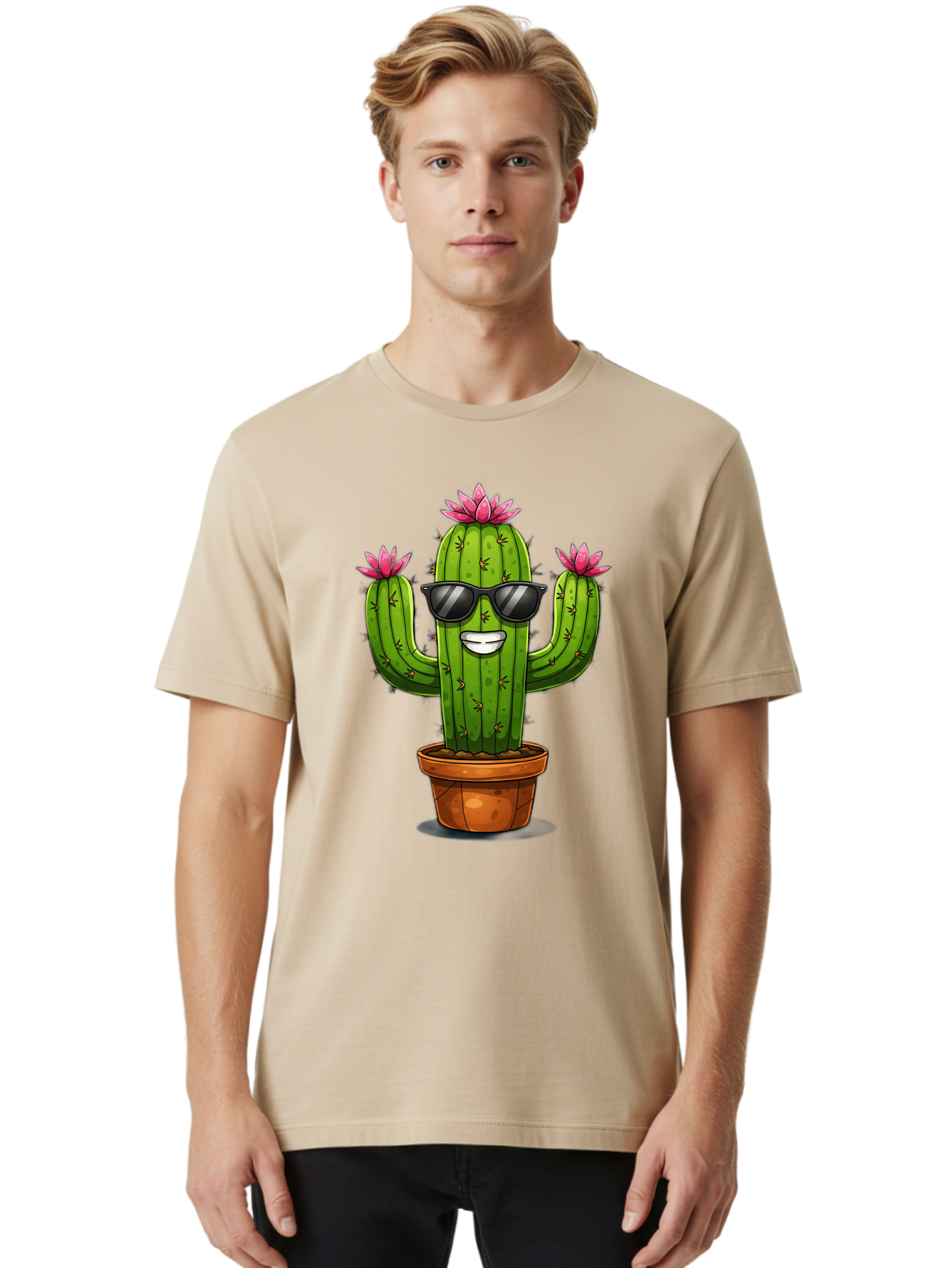 Cactus-Sunglasses-1 Men'S Graphic Tee, 100% Cotton, Comfortable Casual Summer Wear, Machine Washable, Funny Cactus, Sunglasses, Cartoon Style, Pink Flowers, Terracotta Pot, Smiling Face, Quirky Character, Houseplant Decor, Desert Vibes, Bac754 24