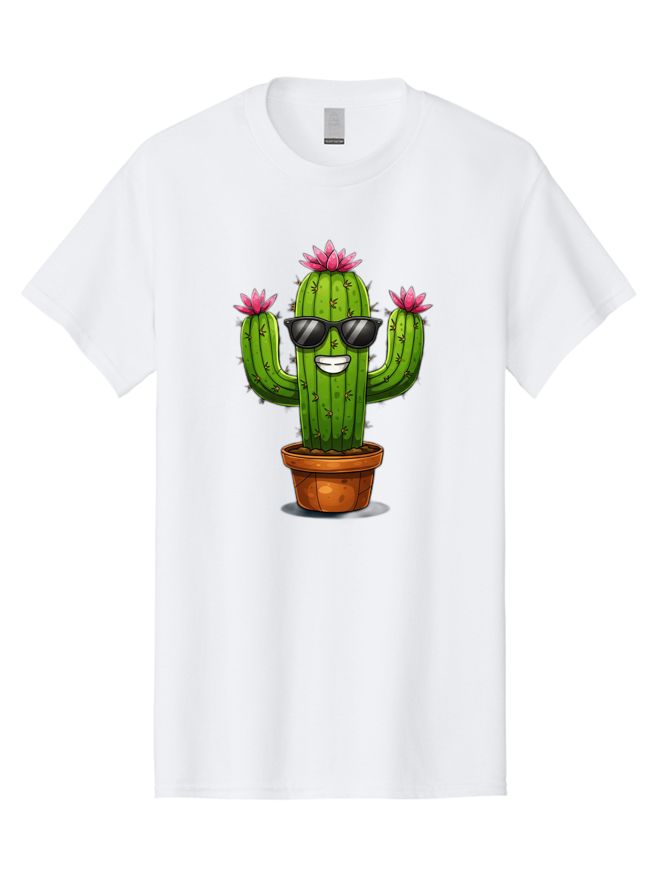 Cactus-Sunglasses-1 Men'S Graphic Tee, 100% Cotton, Comfortable Casual Summer Wear, Machine Washable, Funny Cactus, Sunglasses, Cartoon Style, Pink Flowers, Terracotta Pot, Smiling Face, Quirky Character, Houseplant Decor, Desert Vibes, Bac754 3