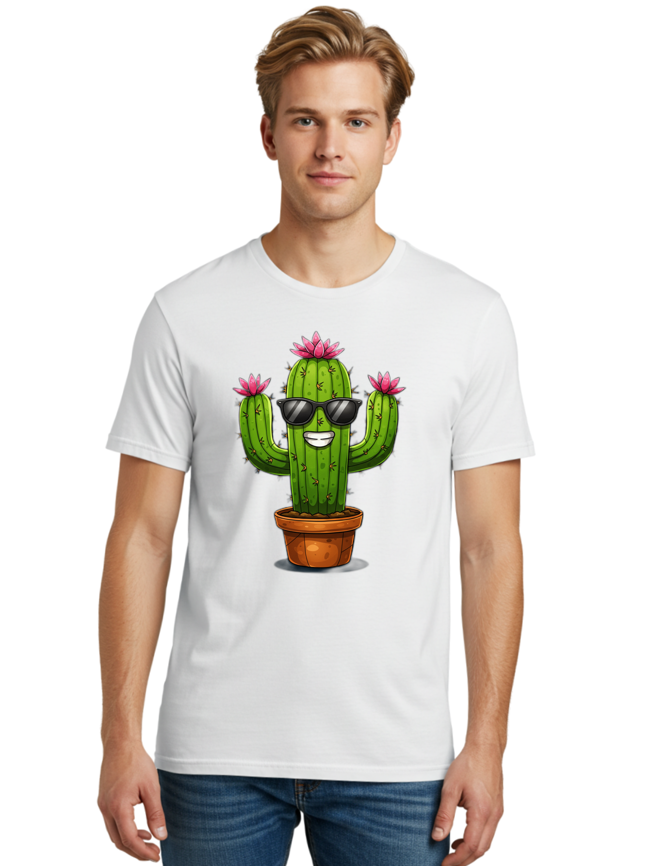 Cactus-Sunglasses-1 Men'S Graphic Tee, 100% Cotton, Comfortable Casual Summer Wear, Machine Washable, Funny Cactus, Sunglasses, Cartoon Style, Pink Flowers, Terracotta Pot, Smiling Face, Quirky Character, Houseplant Decor, Desert Vibes, Bac754 18
