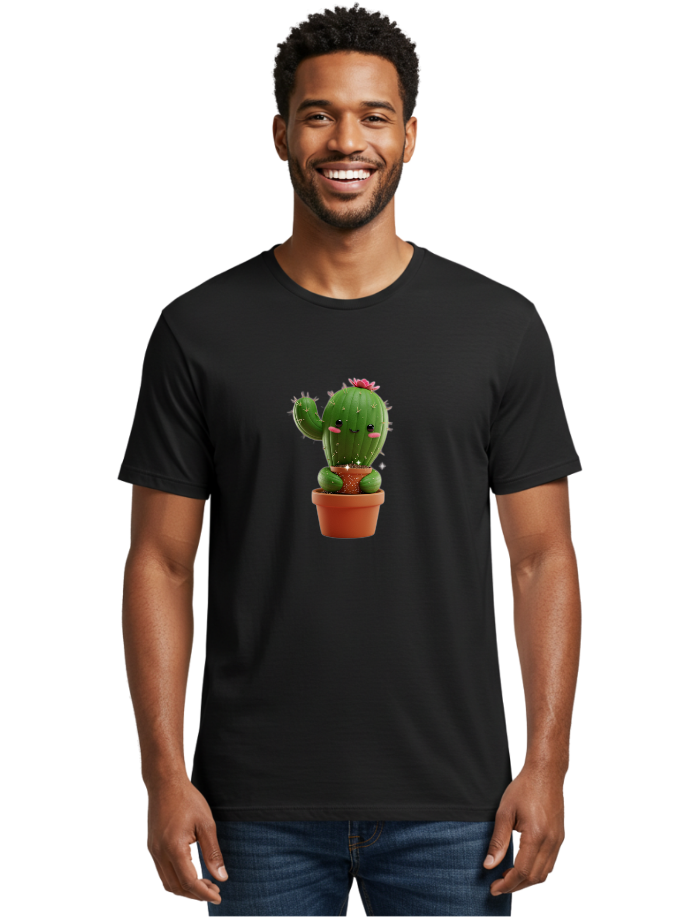Cactus-With-Pink-Flower Men'S Graphic Tee, 100% Cotton, Comfortable Casual Summer Wear, Machine Washable, Smiling Cactus, Potted Cactus, Cartoon Cactus, Lovely Cactus, Cactus In Pot, Succulent Plant, Cute Character, Kawaii Cactus, Bac762 29