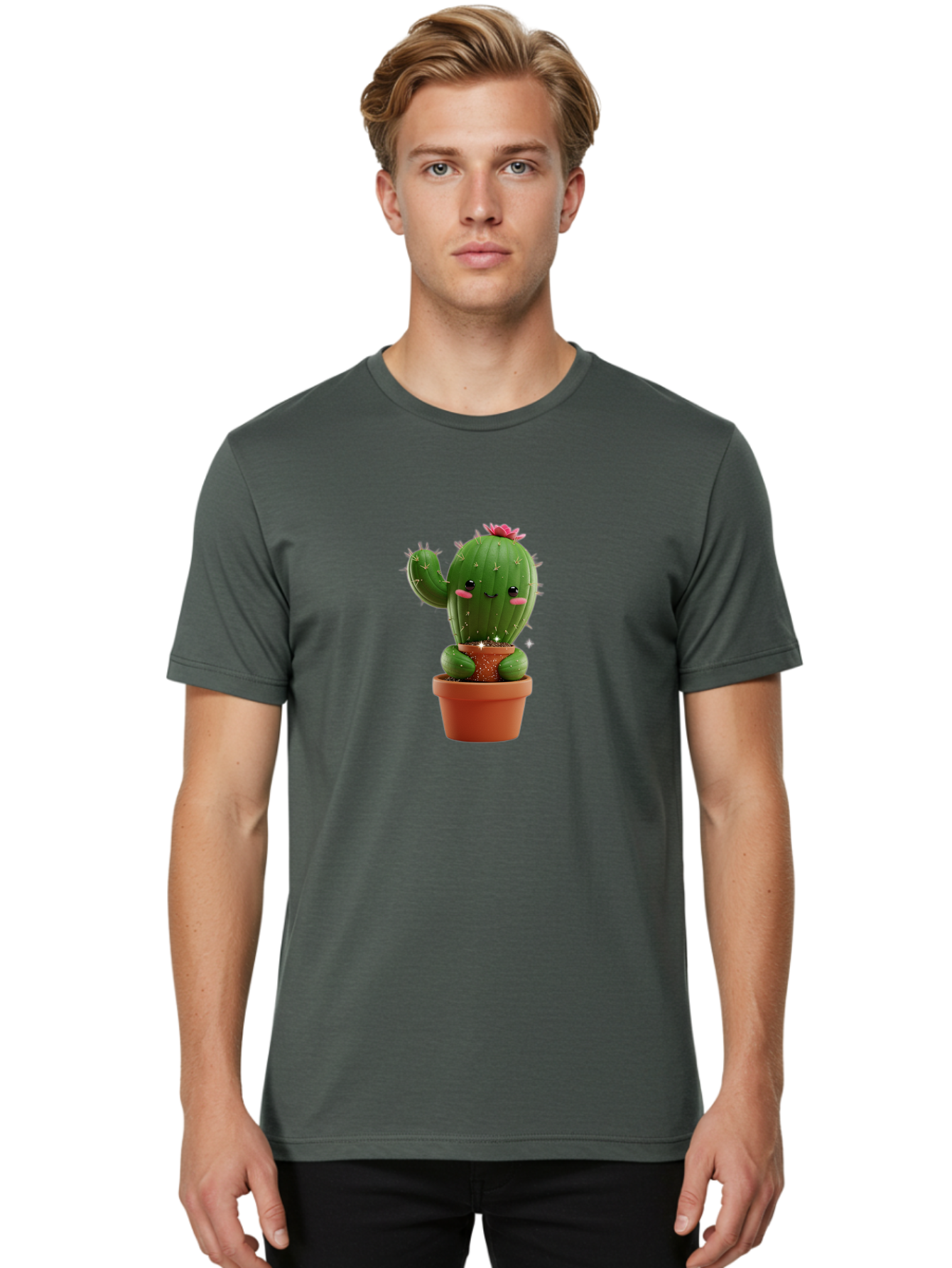 Cactus-With-Pink-Flower Men'S Graphic Tee, 100% Cotton, Comfortable Casual Summer Wear, Machine Washable, Smiling Cactus, Potted Cactus, Cartoon Cactus, Lovely Cactus, Cactus In Pot, Succulent Plant, Cute Character, Kawaii Cactus, Bac762 27