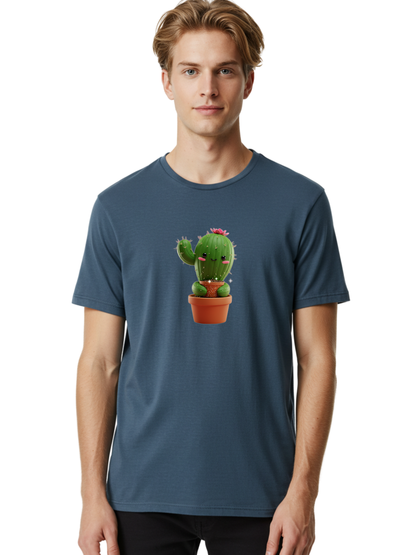 Cactus-With-Pink-Flower Men'S Graphic Tee, 100% Cotton, Comfortable Casual Summer Wear, Machine Washable, Smiling Cactus, Potted Cactus, Cartoon Cactus, Lovely Cactus, Cactus In Pot, Succulent Plant, Cute Character, Kawaii Cactus, Bac762 20