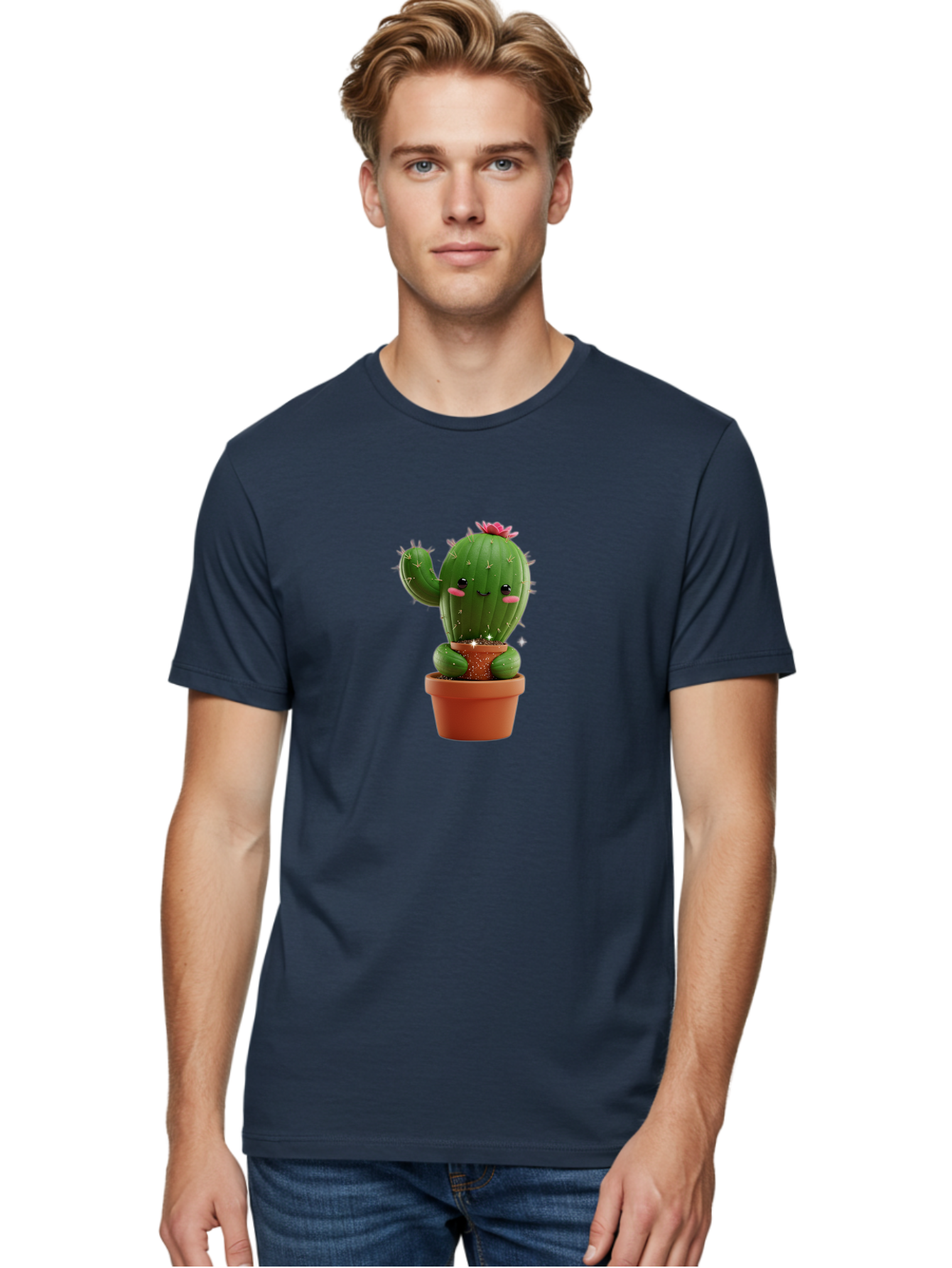 Cactus-With-Pink-Flower Men'S Graphic Tee, 100% Cotton, Comfortable Casual Summer Wear, Machine Washable, Smiling Cactus, Potted Cactus, Cartoon Cactus, Lovely Cactus, Cactus In Pot, Succulent Plant, Cute Character, Kawaii Cactus, Bac762 18