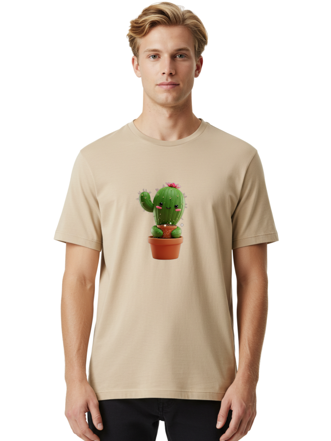 Cactus-With-Pink-Flower Men'S Graphic Tee, 100% Cotton, Comfortable Casual Summer Wear, Machine Washable, Smiling Cactus, Potted Cactus, Cartoon Cactus, Lovely Cactus, Cactus In Pot, Succulent Plant, Cute Character, Kawaii Cactus, Bac762 30