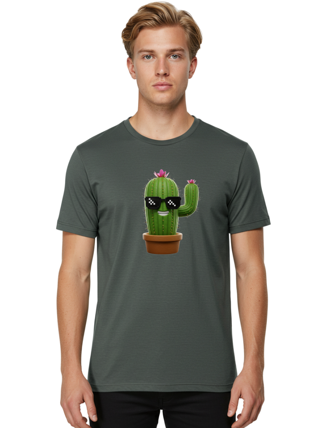 Cactus-With-Sunglasses-2 Men'S Graphic Tee, 100% Cotton, Comfortable Casual Summer Wear, Machine Washable, Cartoon Cactus, Sunglasses, Potted Plant, Cacti With Flowers, Funny Character, Quirky Decor, Digital Art, Kawaii Style Bac765 24