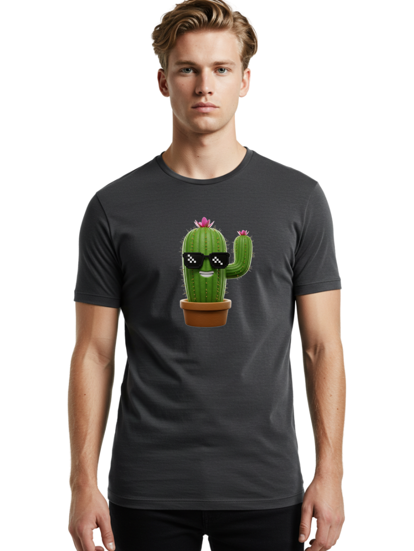 Cactus-With-Sunglasses-2 Men'S Graphic Tee, 100% Cotton, Comfortable Casual Summer Wear, Machine Washable, Cartoon Cactus, Sunglasses, Potted Plant, Cacti With Flowers, Funny Character, Quirky Decor, Digital Art, Kawaii Style Bac765 29