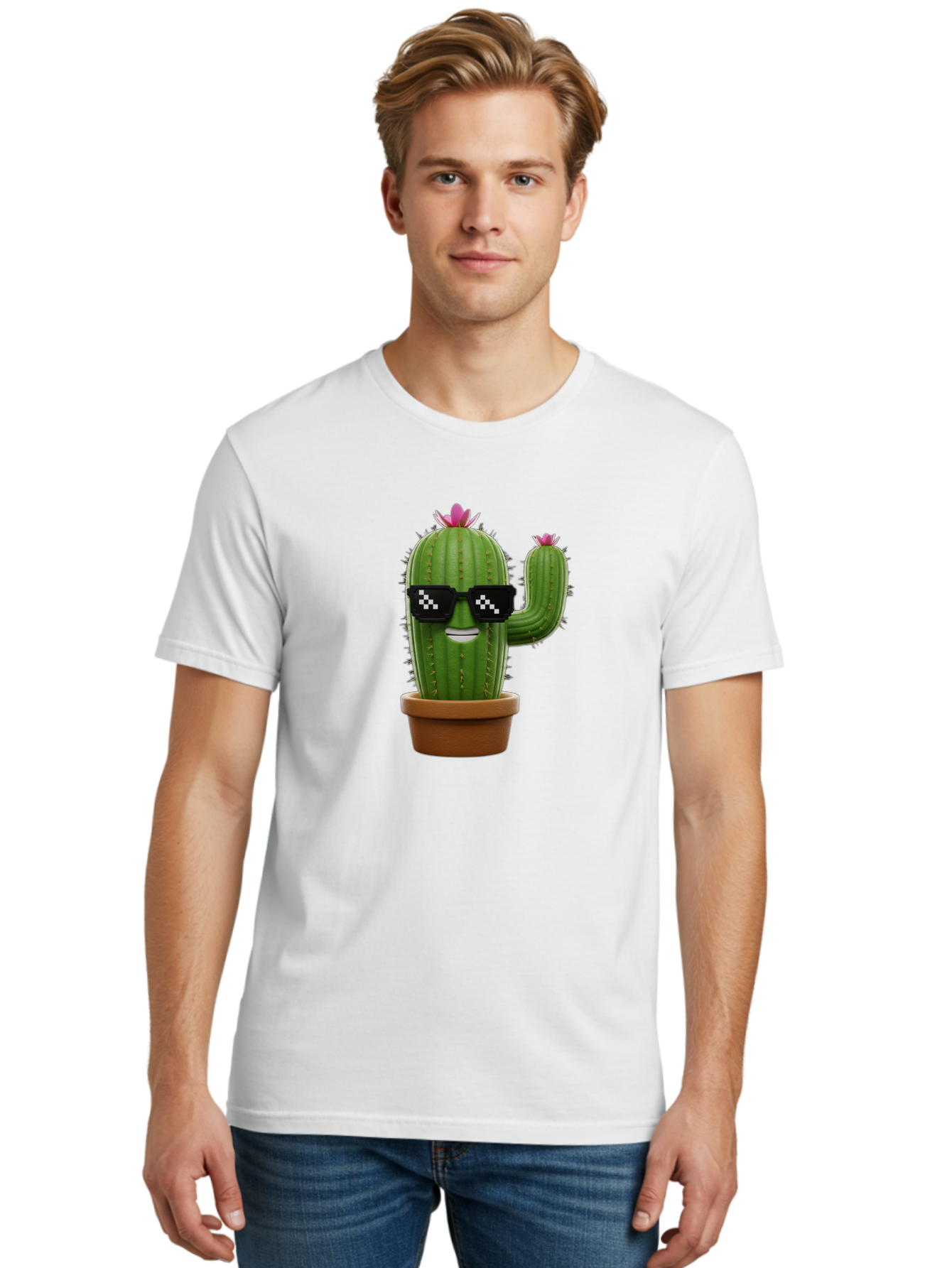 Cactus-With-Sunglasses-2 Men'S Graphic Tee, 100% Cotton, Comfortable Casual Summer Wear, Machine Washable, Cartoon Cactus, Sunglasses, Potted Plant, Cacti With Flowers, Funny Character, Quirky Decor, Digital Art, Kawaii Style Bac765 30