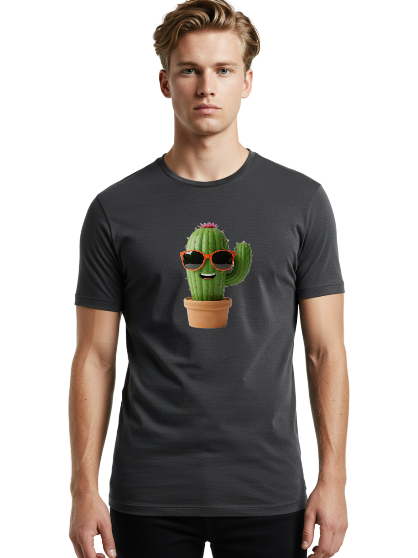 Cactus-With-Sunglasses Men'S Graphic Tee, 100% Cotton, Comfortable Casual Summer Wear, Machine Washable, Funny Cactus, Cartoon Character, Cactus In Sunglasses, Orange Shades, Happy Face, Potted Cactus, Red Sunglasses, Quirky Illustration, Bac767 29