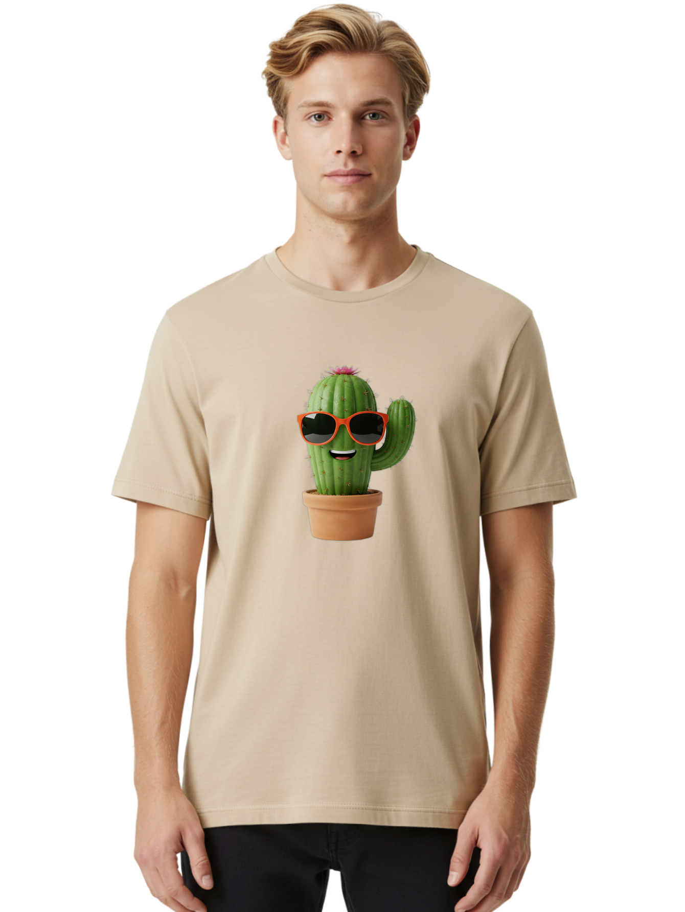 Cactus-With-Sunglasses Men'S Graphic Tee, 100% Cotton, Comfortable Casual Summer Wear, Machine Washable, Funny Cactus, Cartoon Character, Cactus In Sunglasses, Orange Shades, Happy Face, Potted Cactus, Red Sunglasses, Quirky Illustration, Bac767 19