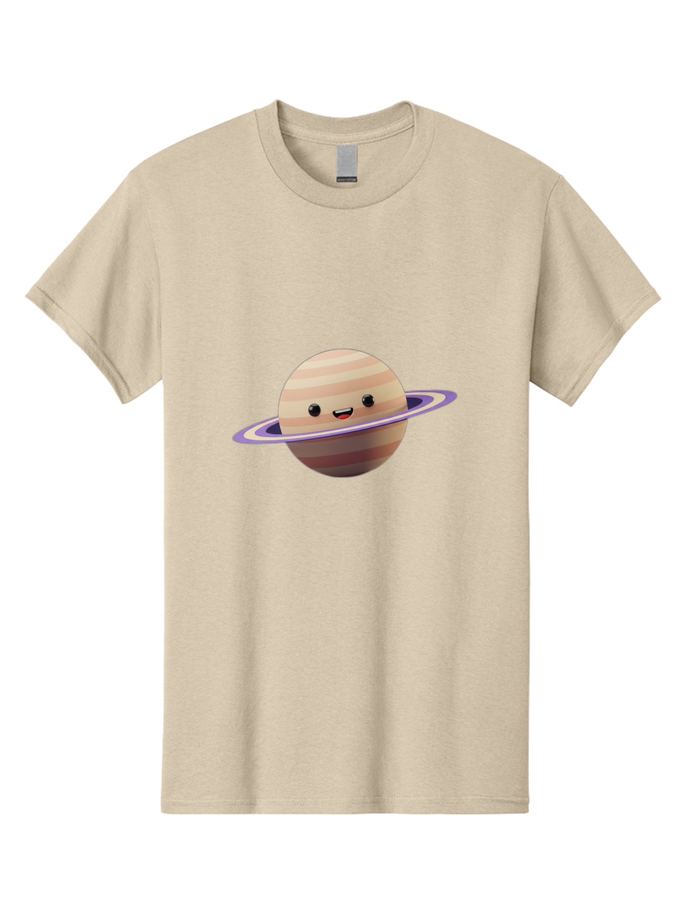 Cartoon-Saturn Men'S Graphic Tee, 100% Cotton, Comfortable Casual Summer Wear, Machine Washable, Cartoon Planet, Smiling Face, Saturn-Like Planet, Cute Illustration, Galaxy Character, Purple Ring, Beige And Brown Stripes, Funny Expression, Bac793 13