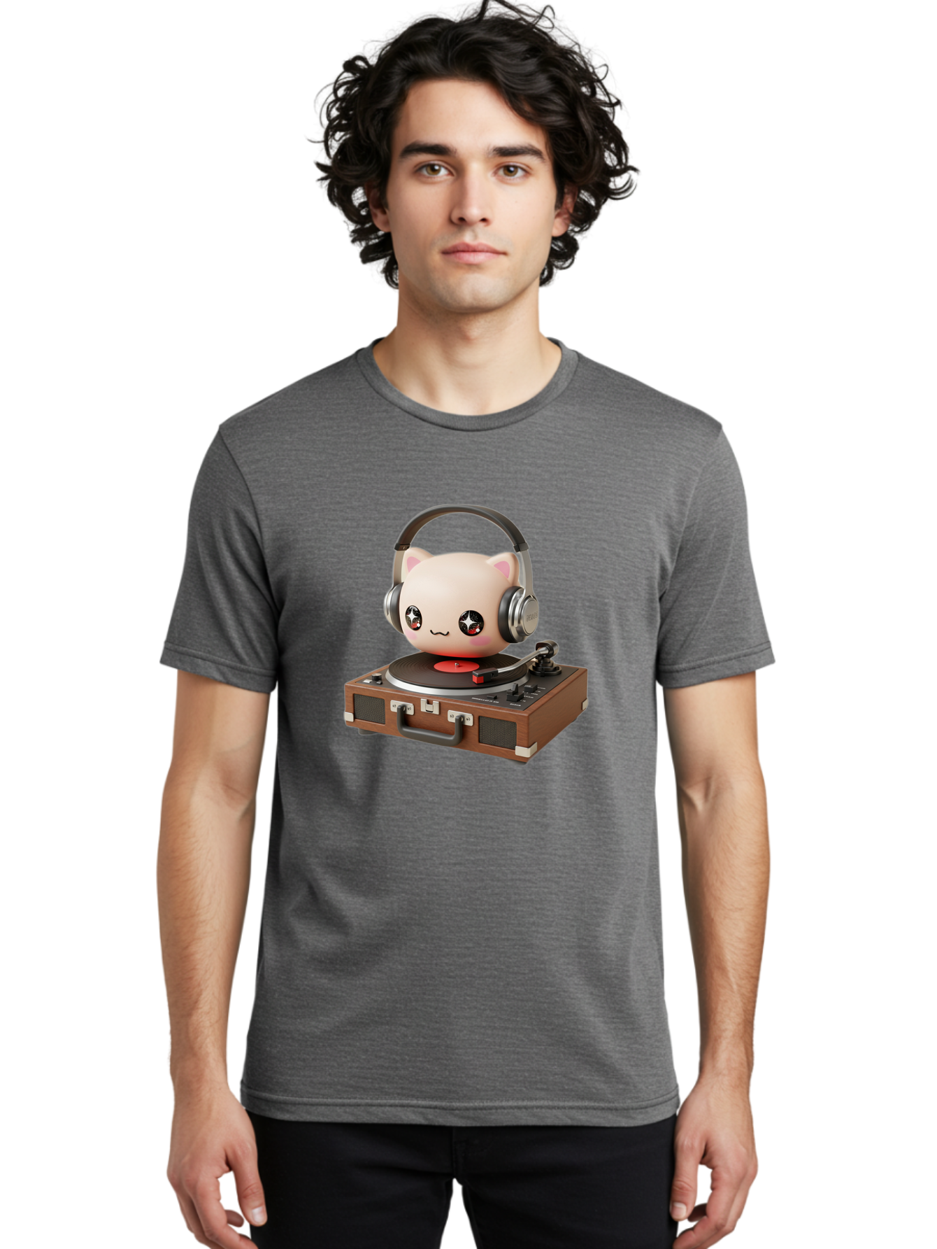 Cat-Headphones-Dj Men'S Graphic Tee, 100% Cotton, Comfortable Casual Summer Wear, Machine Washable, Cute Cat Head, Record Player, Vinyl Record, Headphones, Music Lover, Dj Cat, Retro Style, Nostalgic Vibe, Kawaii Culture, Cartoon Character Bac800 22