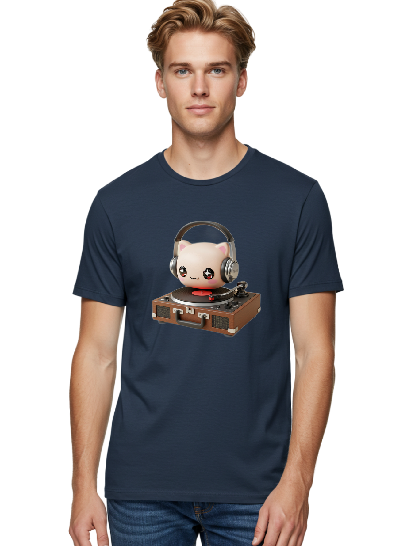 Cat-Headphones-Dj Men'S Graphic Tee, 100% Cotton, Comfortable Casual Summer Wear, Machine Washable, Cute Cat Head, Record Player, Vinyl Record, Headphones, Music Lover, Dj Cat, Retro Style, Nostalgic Vibe, Kawaii Culture, Cartoon Character Bac800 18