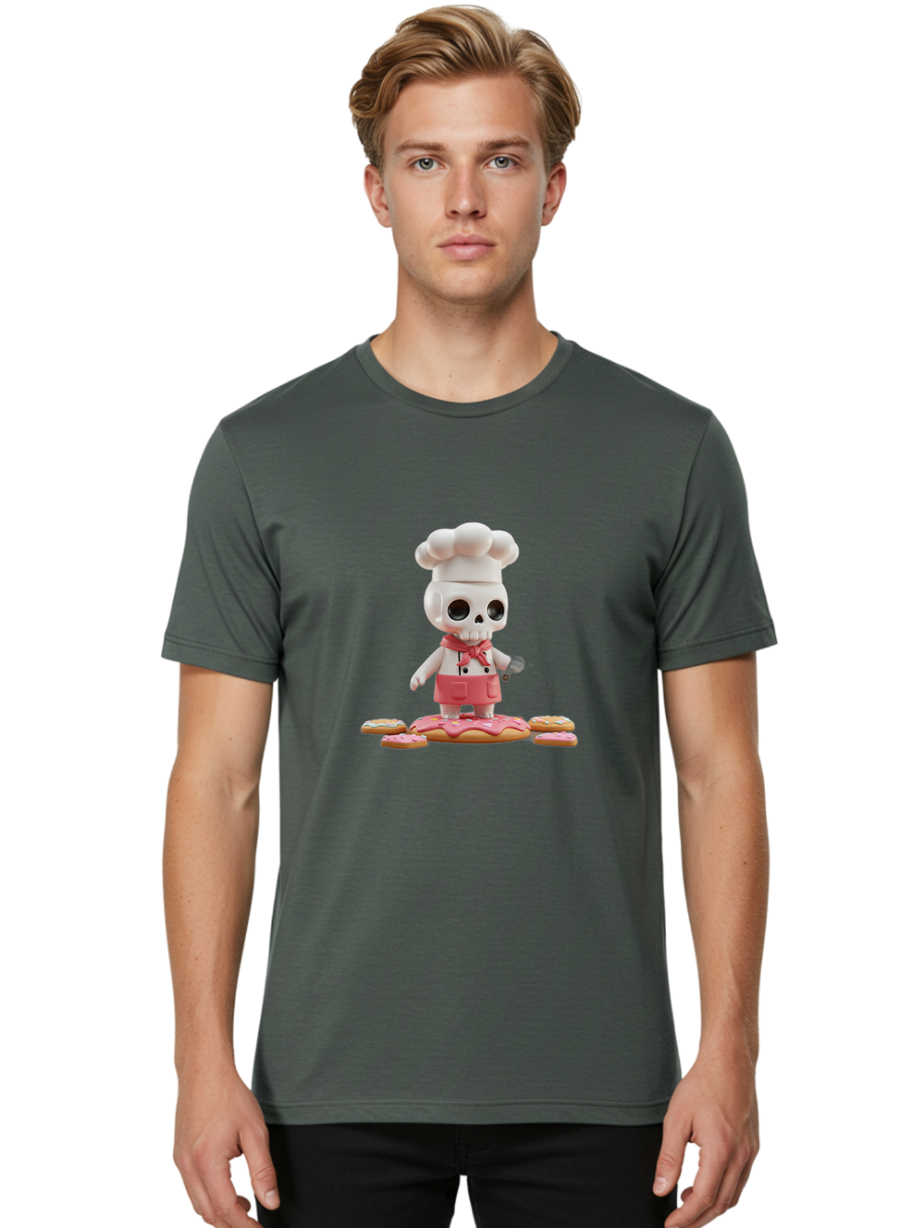 Chef-Skeleton Men'S Graphic Tee, 100% Cotton, Comfortable Casual Summer Wear, Machine Washable, Skull Chef Figurine, Chef Hat, Red Apron, Kitchen Utensils, Donut Decorations, Sweet Treats, Culinary Art, Figurine Art, Whimsical Design, Bac837 16