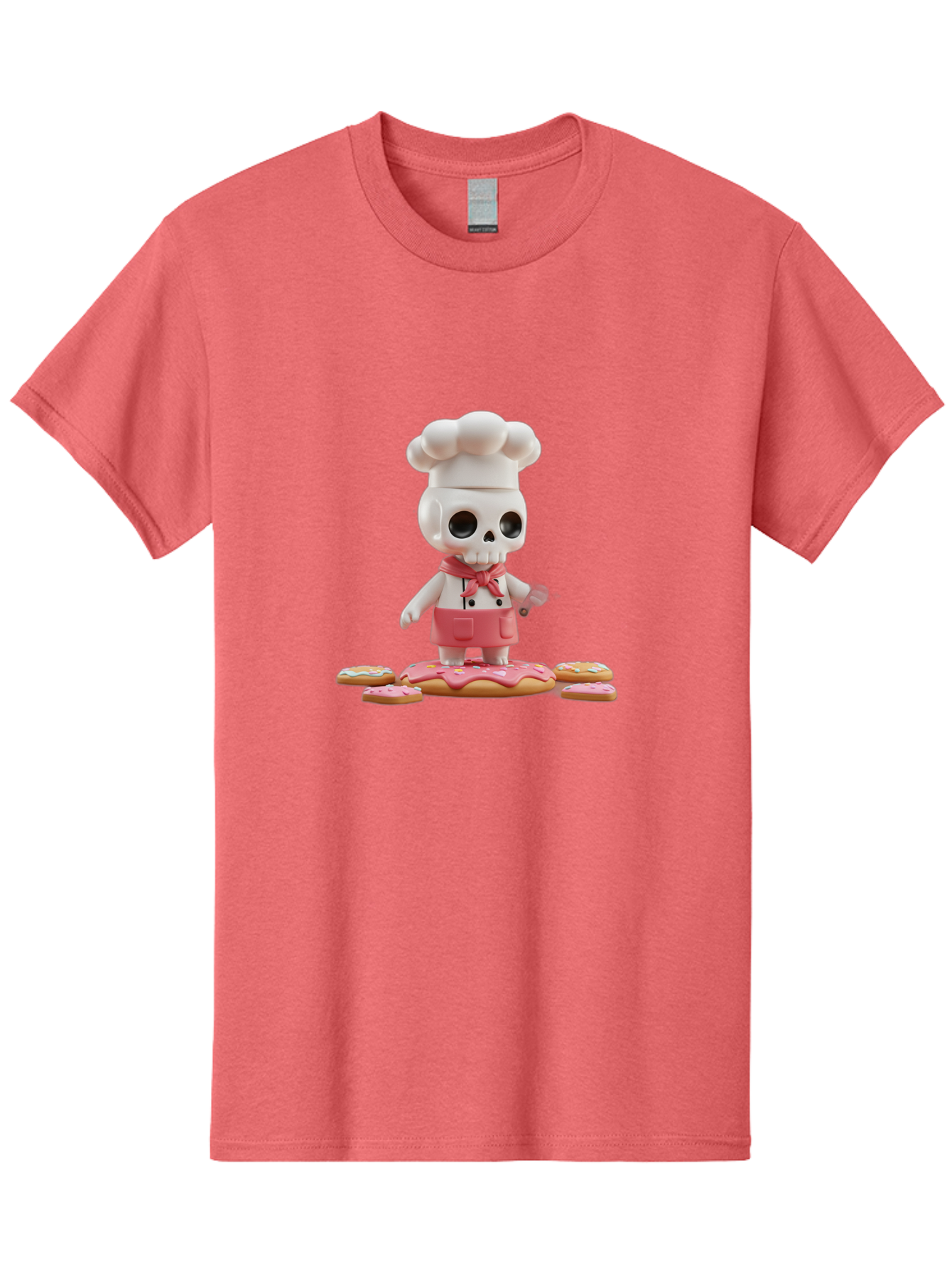 Chef-Skeleton Men'S Graphic Tee, 100% Cotton, Comfortable Casual Summer Wear, Machine Washable, Skull Chef Figurine, Chef Hat, Red Apron, Kitchen Utensils, Donut Decorations, Sweet Treats, Culinary Art, Figurine Art, Whimsical Design, Bac837 7
