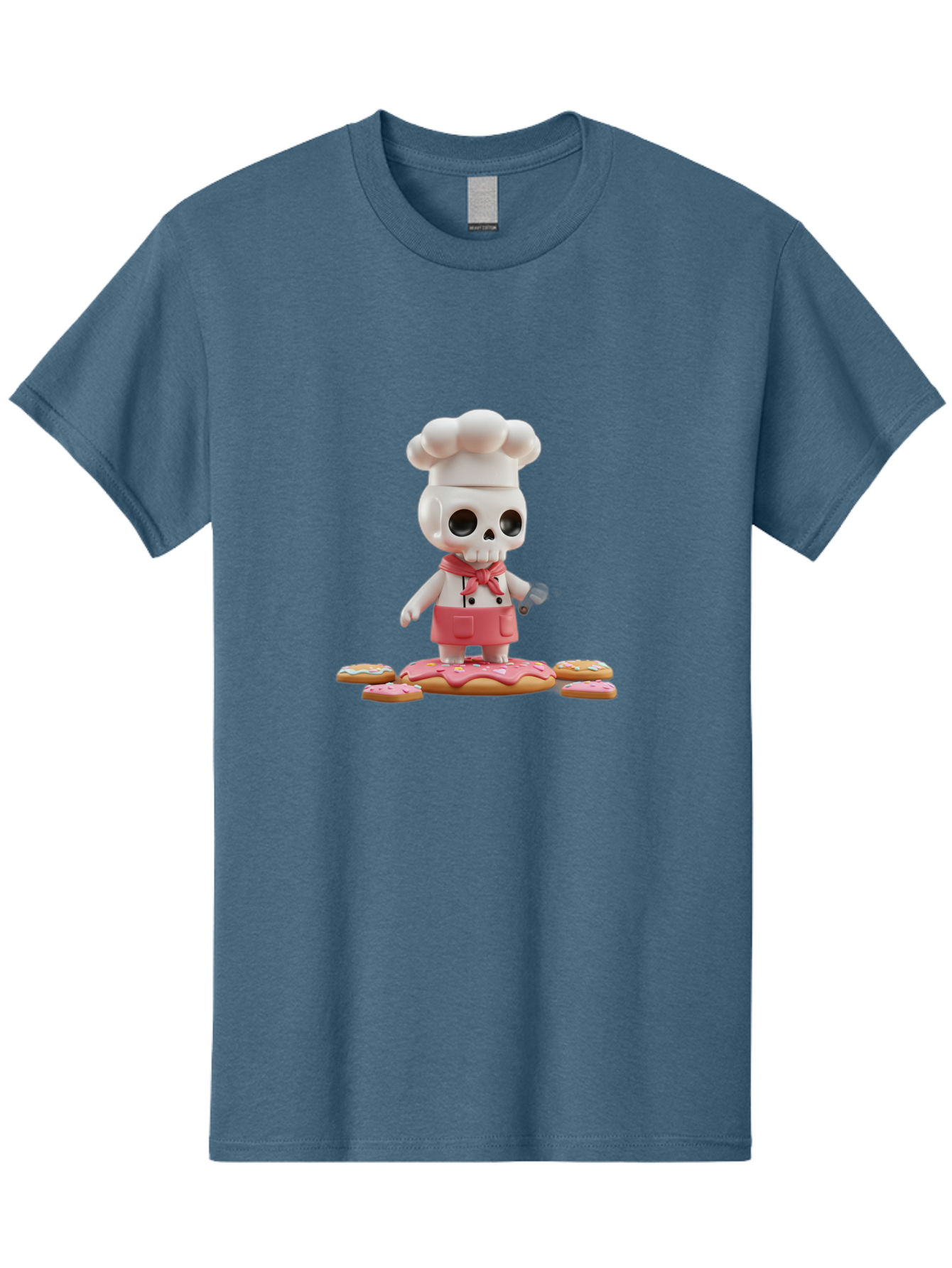 Chef-Skeleton Men'S Graphic Tee, 100% Cotton, Comfortable Casual Summer Wear, Machine Washable, Skull Chef Figurine, Chef Hat, Red Apron, Kitchen Utensils, Donut Decorations, Sweet Treats, Culinary Art, Figurine Art, Whimsical Design, Bac837 4