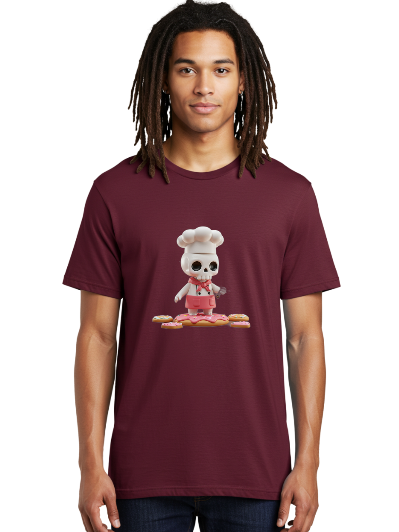 Chef-Skeleton Men'S Graphic Tee, 100% Cotton, Comfortable Casual Summer Wear, Machine Washable, Skull Chef Figurine, Chef Hat, Red Apron, Kitchen Utensils, Donut Decorations, Sweet Treats, Culinary Art, Figurine Art, Whimsical Design, Bac837 21
