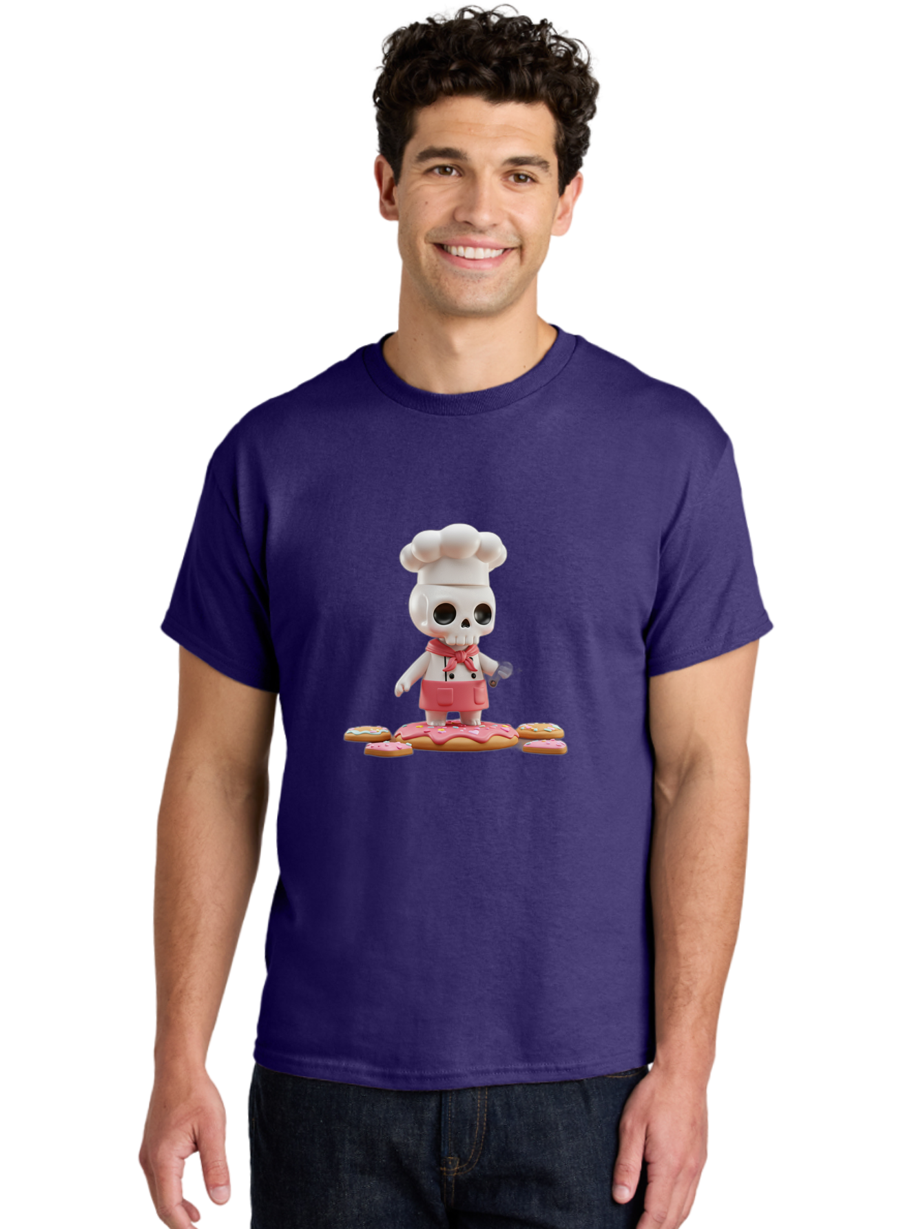 Chef-Skeleton Men'S Graphic Tee, 100% Cotton, Comfortable Casual Summer Wear, Machine Washable, Skull Chef Figurine, Chef Hat, Red Apron, Kitchen Utensils, Donut Decorations, Sweet Treats, Culinary Art, Figurine Art, Whimsical Design, Bac837 20