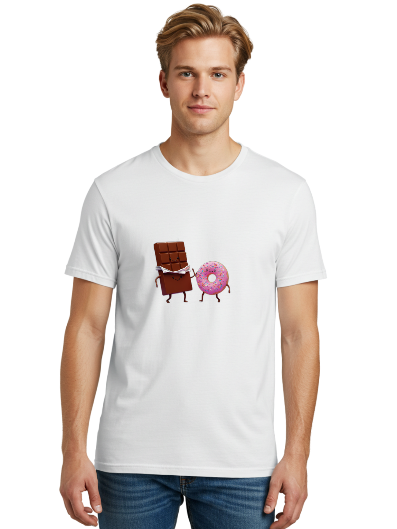 Chocolate-And-Donut Men'S Graphic Tee, 100% Cotton, Comfortable Casual Summer Wear, Machine Washable, Chocolate Bar, Donut With Sprinkles, Cartoon Characters, Sweet Treats, Dessert Lovers, Pastry, Baked Goods, Cute Graphic, Food Illustration Bac847 16