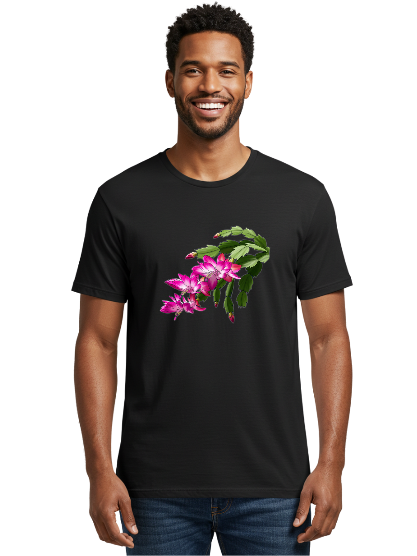 Christmas-Cactus Men'S Graphic Tee, 100% Cotton, Comfortable Casual Summer Wear, Machine Washable, Pink Flowers, Christmas Cactus, Festive Blooms, Holiday Decor, Vibrant Pink, White Accents, Green Leaves, Blooming Plants, Floral Arrangements Bac849 21